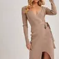 Ribbed Knit V-Neck Wrap Midi Dress Latte