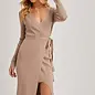 Ribbed Knit V-Neck Wrap Midi Dress Latte