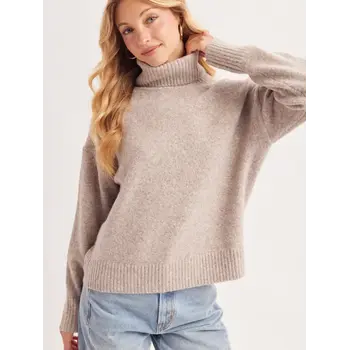 Turtleneck Fuzzy Knit Sweater Beige