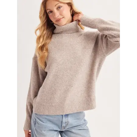 Turtleneck Fuzzy Knit Sweater Beige