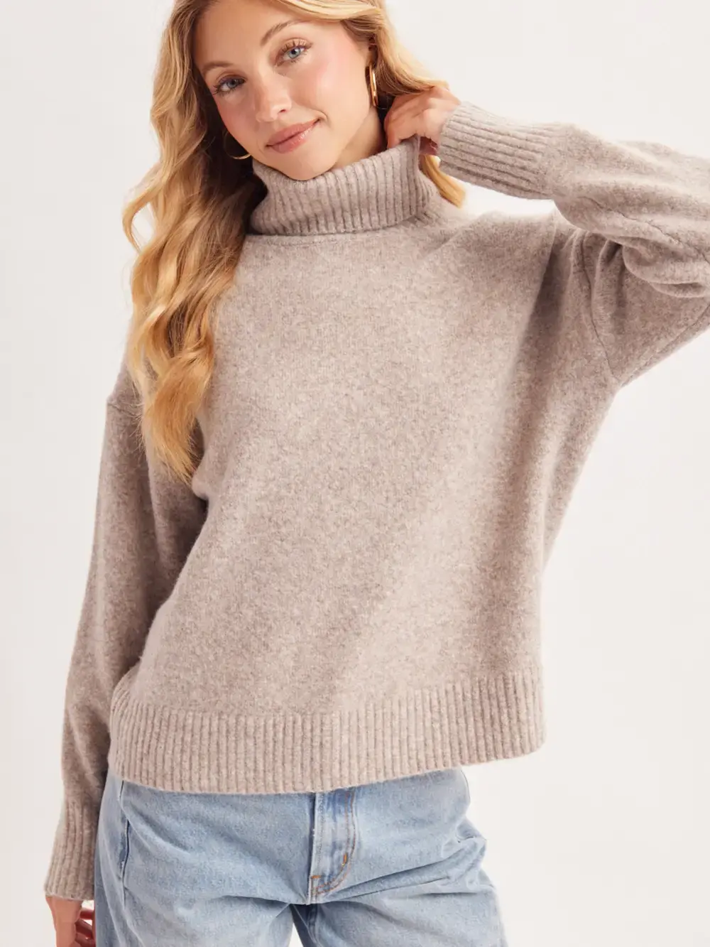 Turtleneck Fuzzy Knit Sweater Beige