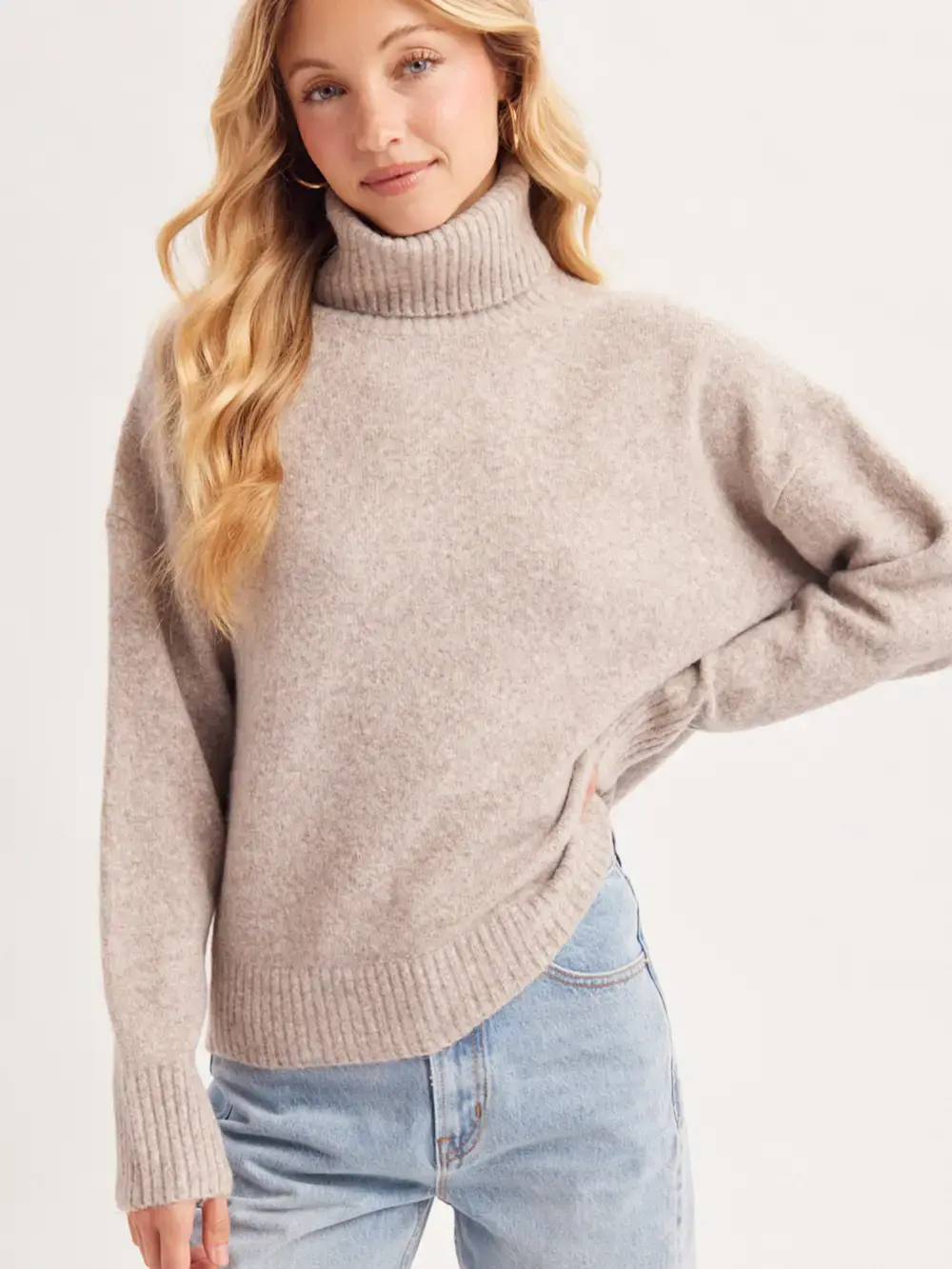 Turtleneck Fuzzy Knit Sweater Beige