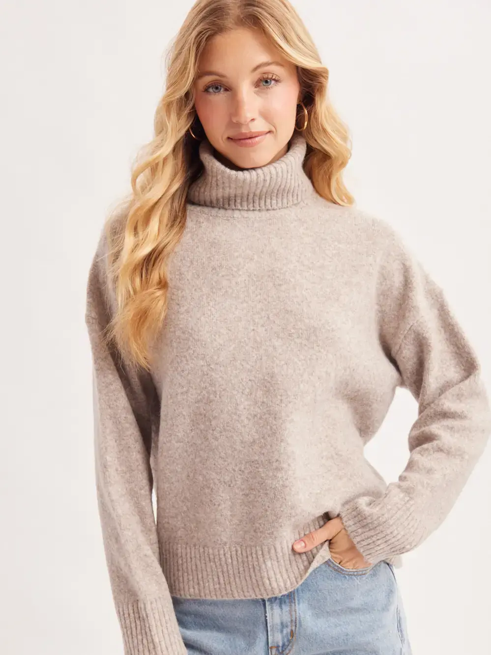 Turtleneck Fuzzy Knit Sweater Beige