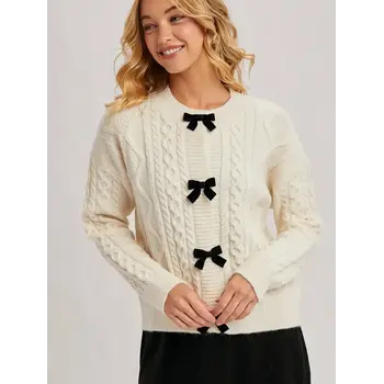 Velvet Bow Button Down Cable Knit Sweater Cardigan Ivory