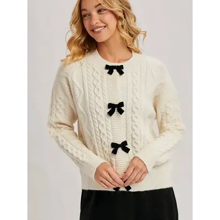 Velvet Bow Button Down Cable Knit Sweater Cardigan Ivory