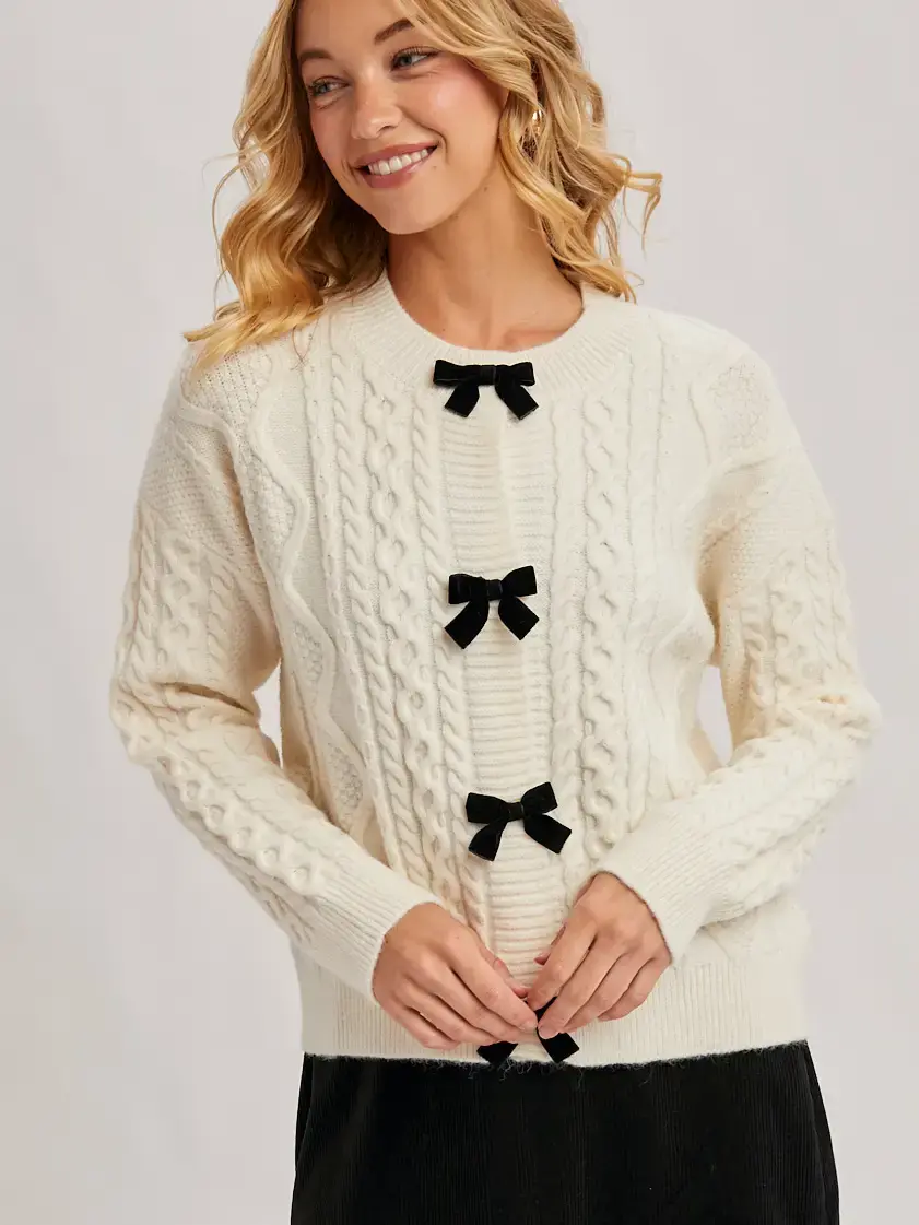 Velvet Bow Button Down Cable Knit Sweater Cardigan Ivory