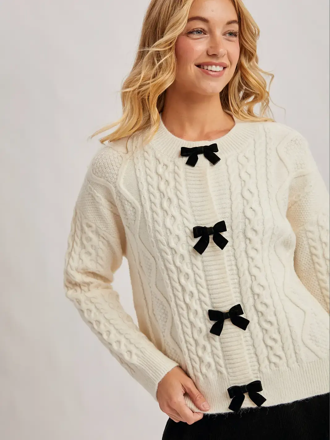 Velvet Bow Button Down Cable Knit Sweater Cardigan Ivory