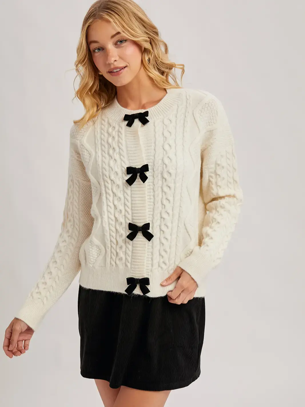 Velvet Bow Button Down Cable Knit Sweater Cardigan Ivory