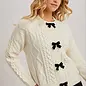 Velvet Bow Button Down Cable Knit Sweater Cardigan Ivory