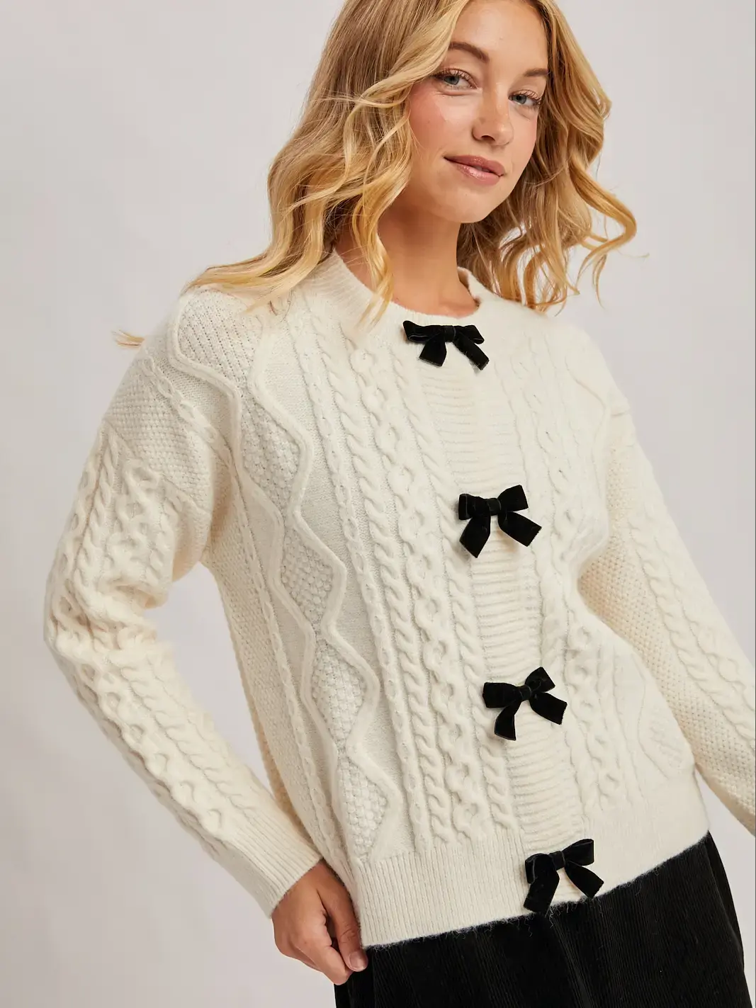 Velvet Bow Button Down Cable Knit Sweater Cardigan Ivory