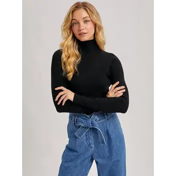 Wholegarment Mock Neck Ribbed Knit Top Black