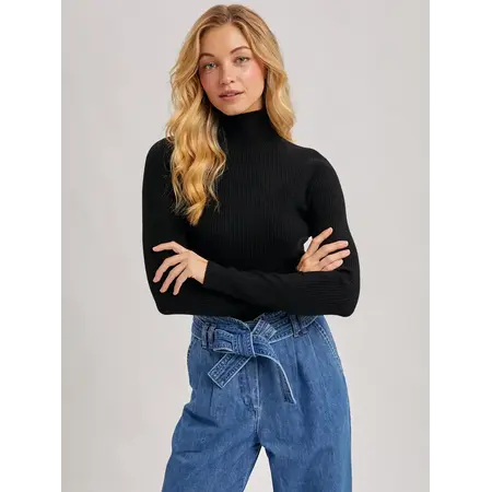 Wholegarment Mock Neck Ribbed Knit Top Black