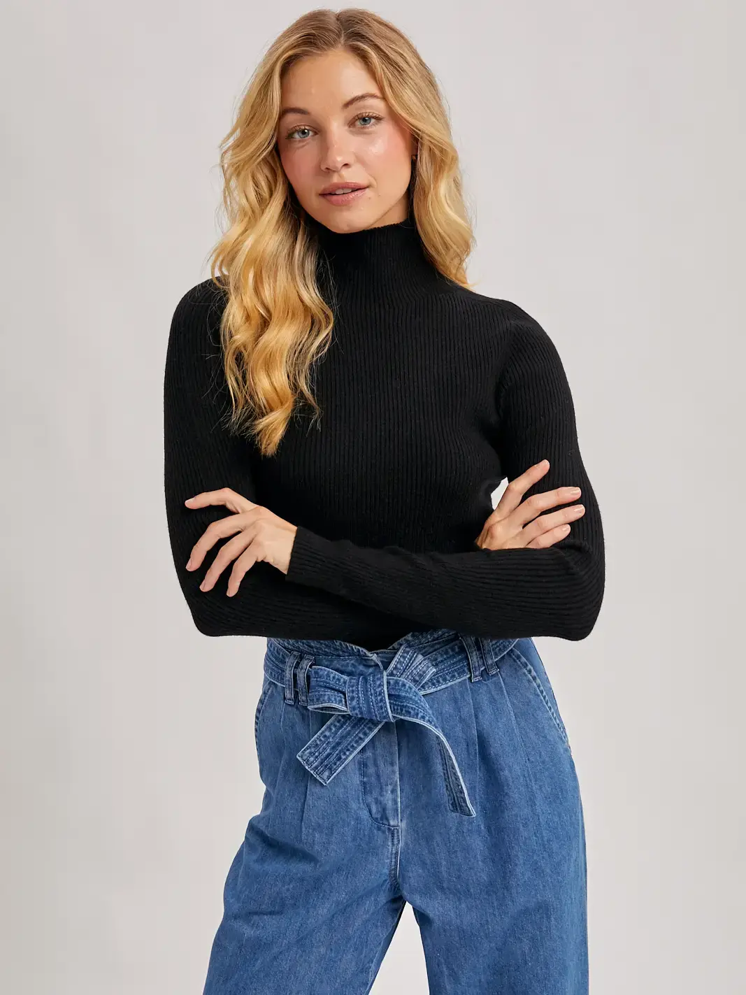 Wholegarment Mock Neck Ribbed Knit Top Black