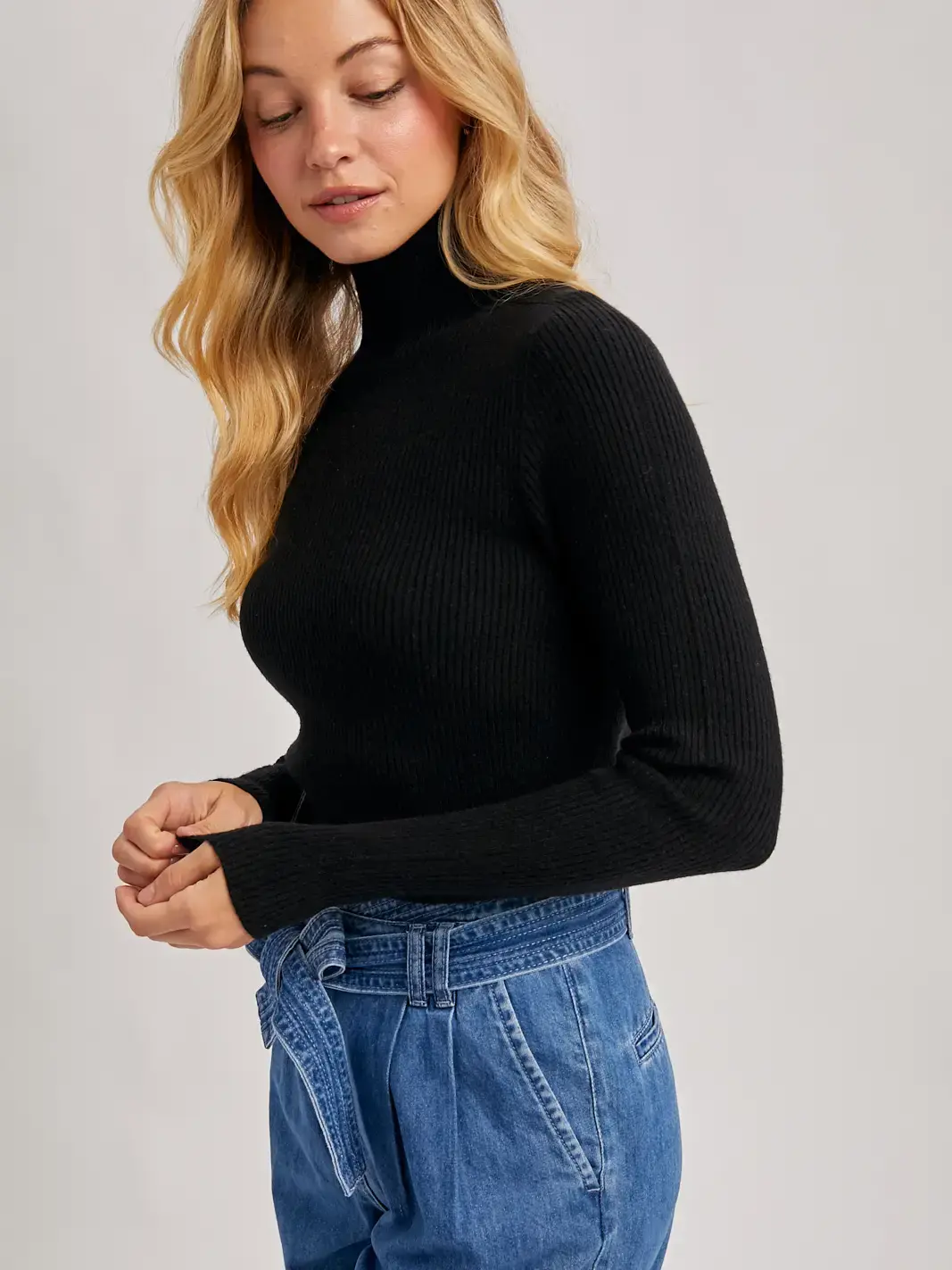 Wholegarment Mock Neck Ribbed Knit Top Black