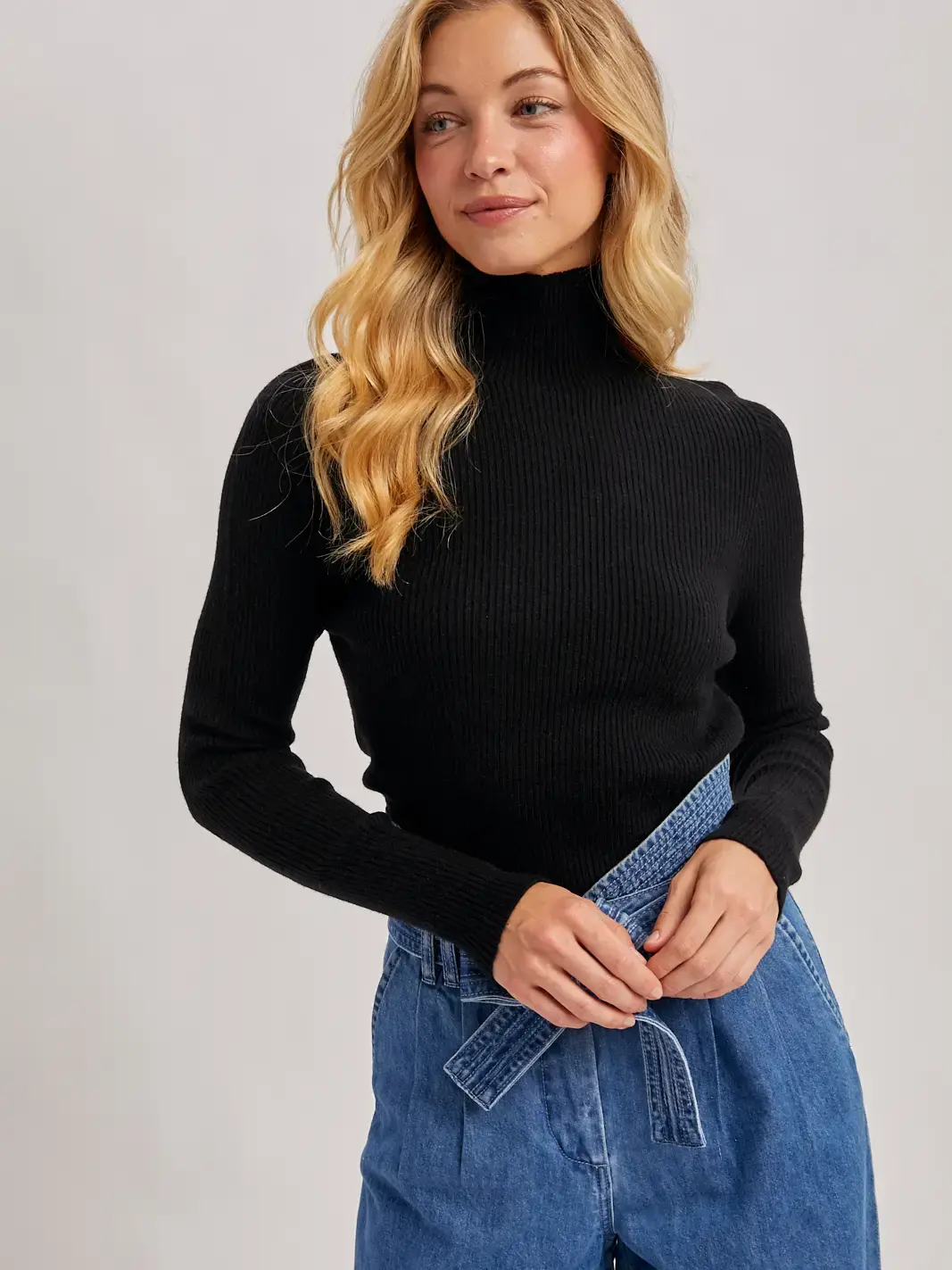 Wholegarment Mock Neck Ribbed Knit Top Black