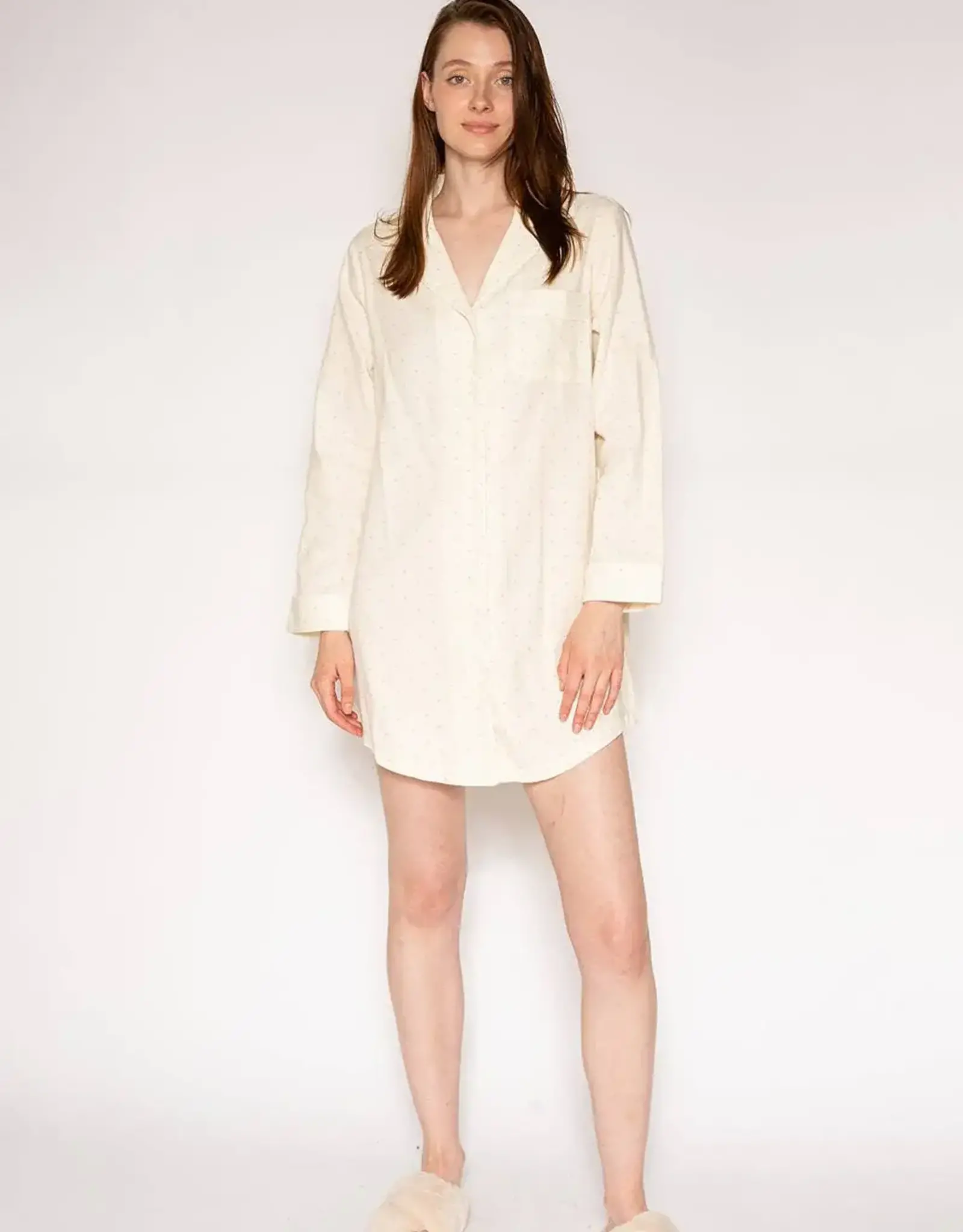 LATTELOVE Long Sleeve Flannel Nightshirt Irish Cream Pindot