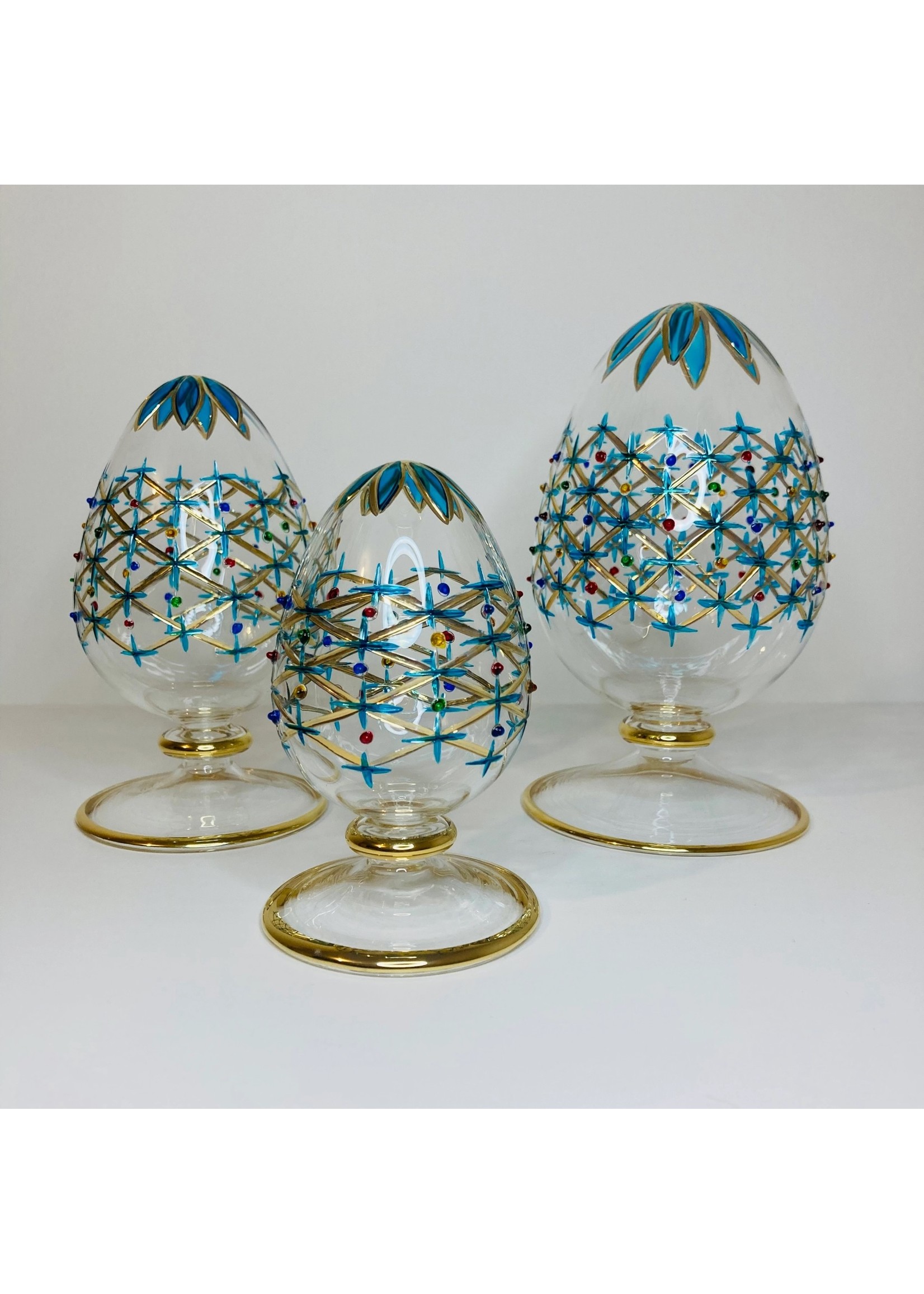 Tabletop Egg - Blown Glass Turquoise Stars