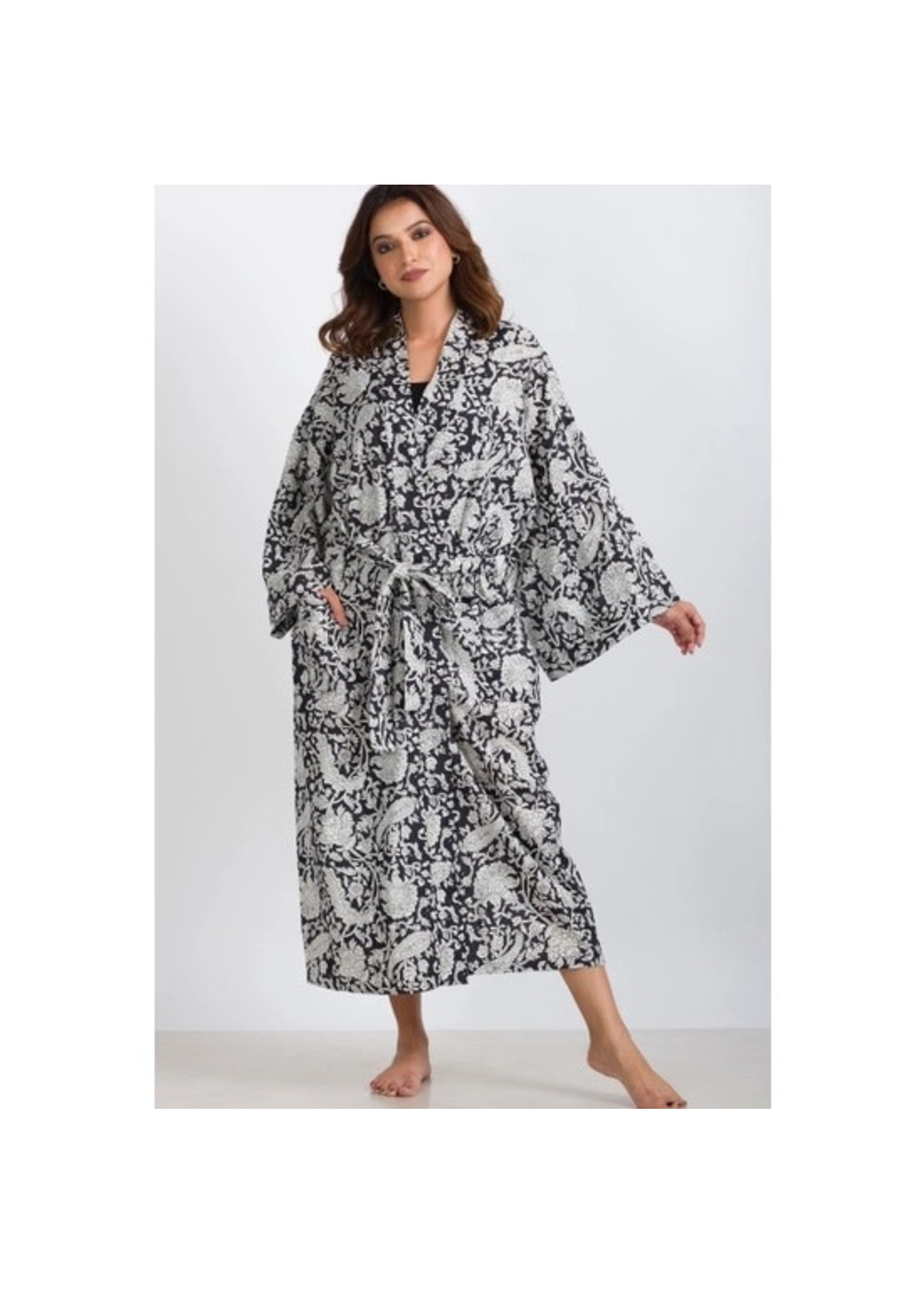 Robe - Long Kimono Cotton Black & White Paisley
