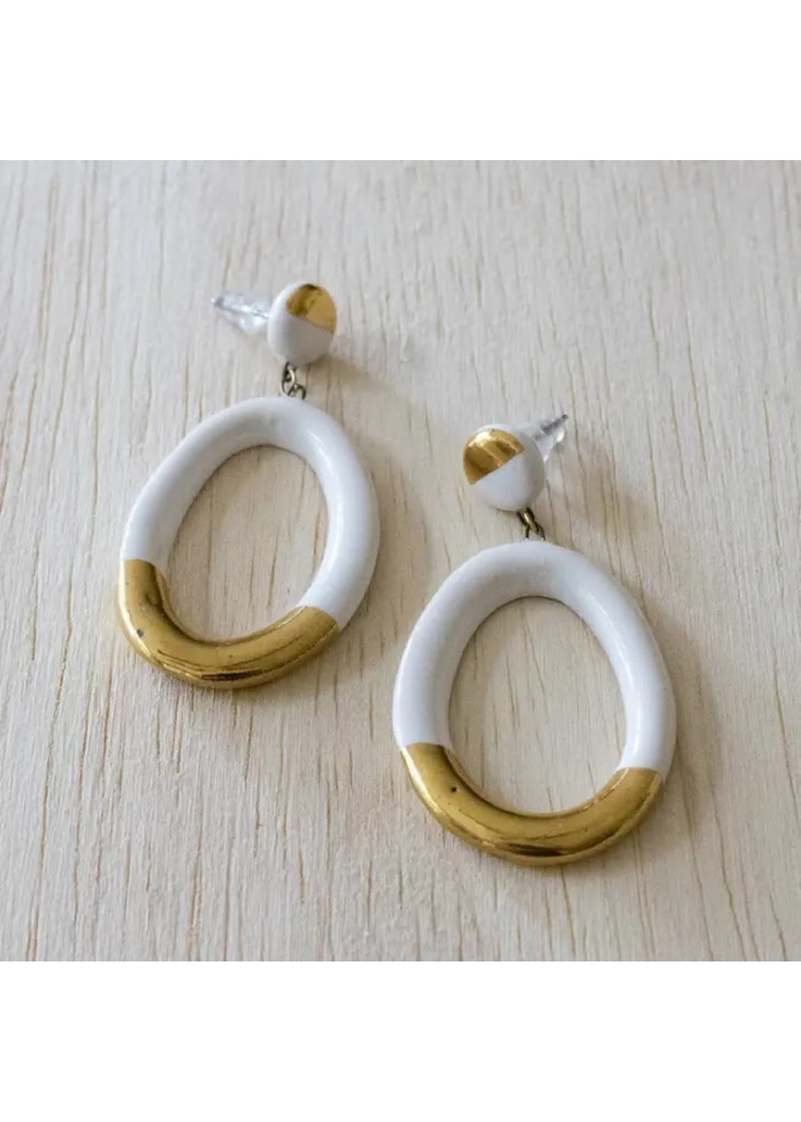 Earrings- White and Gold Dangle Oval