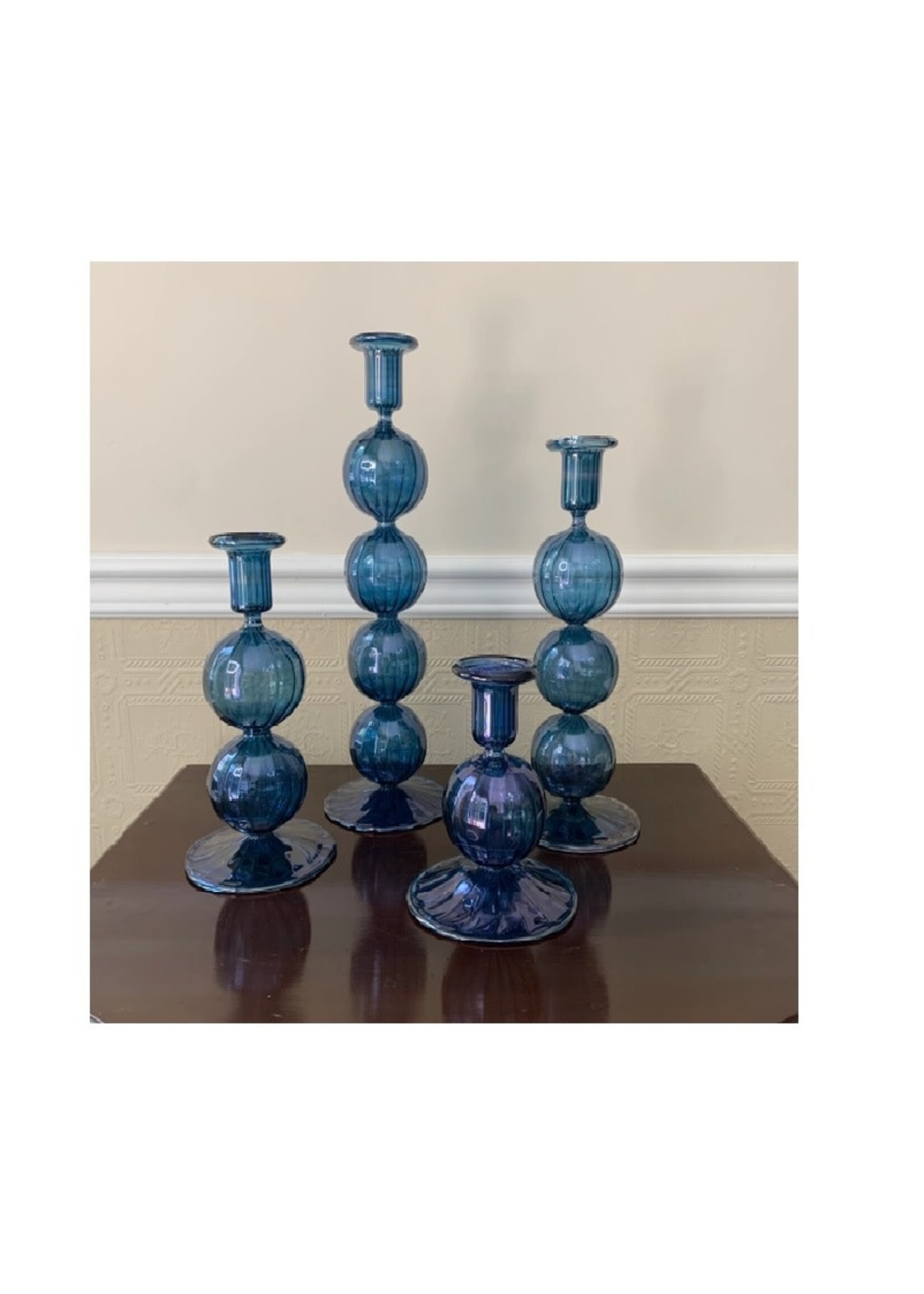 Candle Holder - Blown Glass Long Stem with Baubles Blue 6"