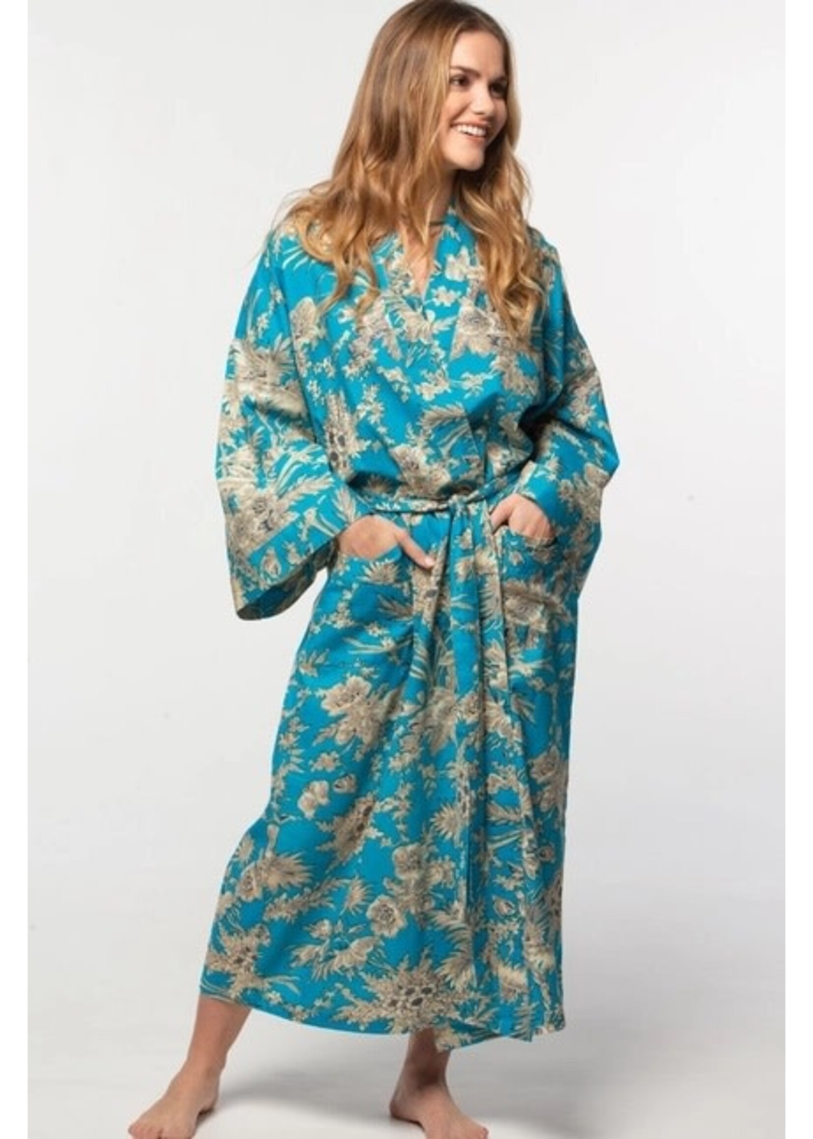 Robe - Long Kimono Cotton Turquoise & Gold