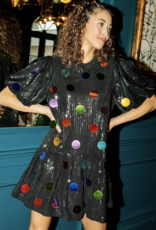 Queen of Sparkles Queen of Sparkles Black Sequin Poof Sleeve Rainbow Paillette Dress