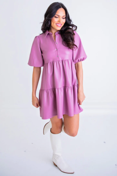 slim fit dress slacks Chi Chi Balloon Sleeve Faux Leather Shirt Dress in Purple, Size 6 main image 0