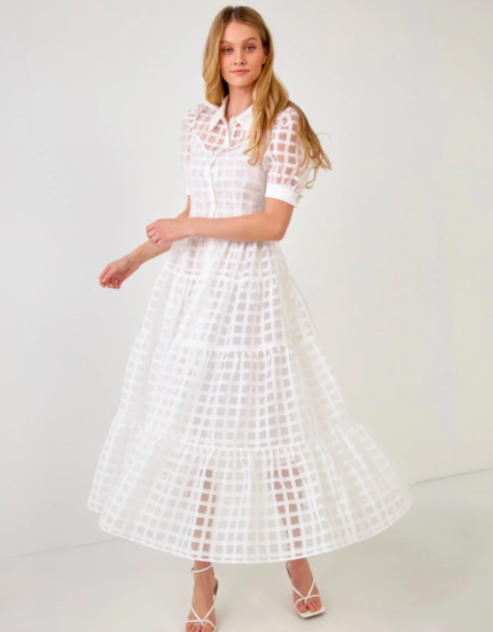 English  Factory Gridded Organza Tiered Maxi Dress