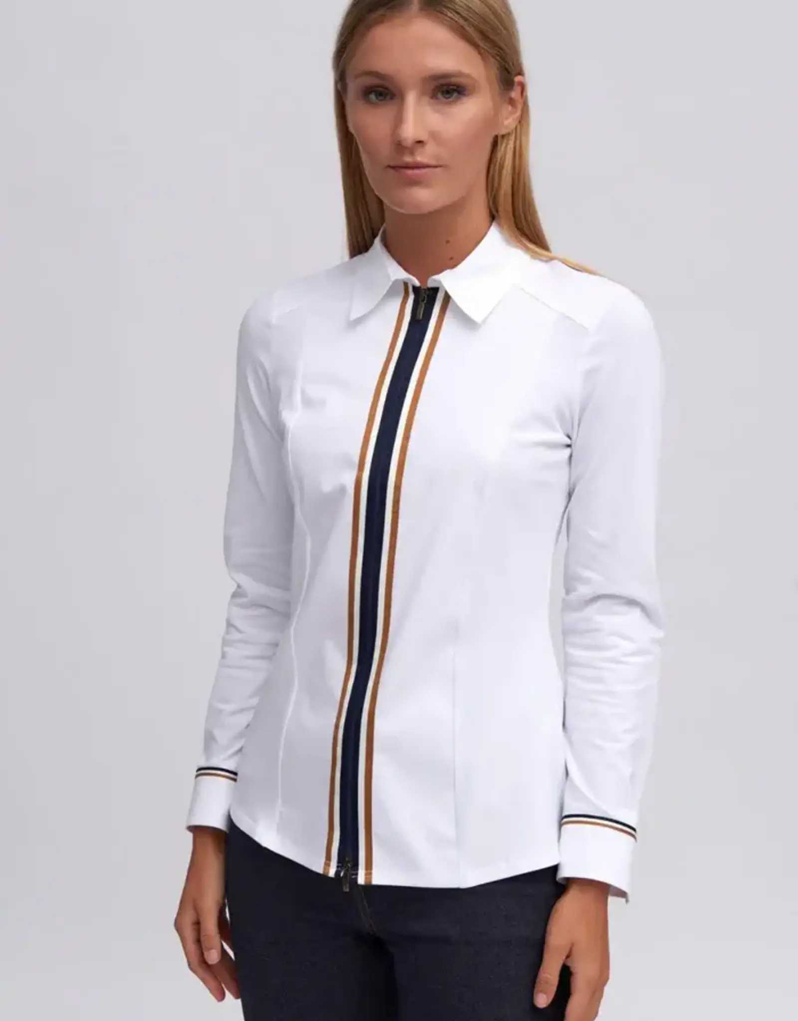 Bariloche Onega Zip Up White Shirt w/Navy Stripe