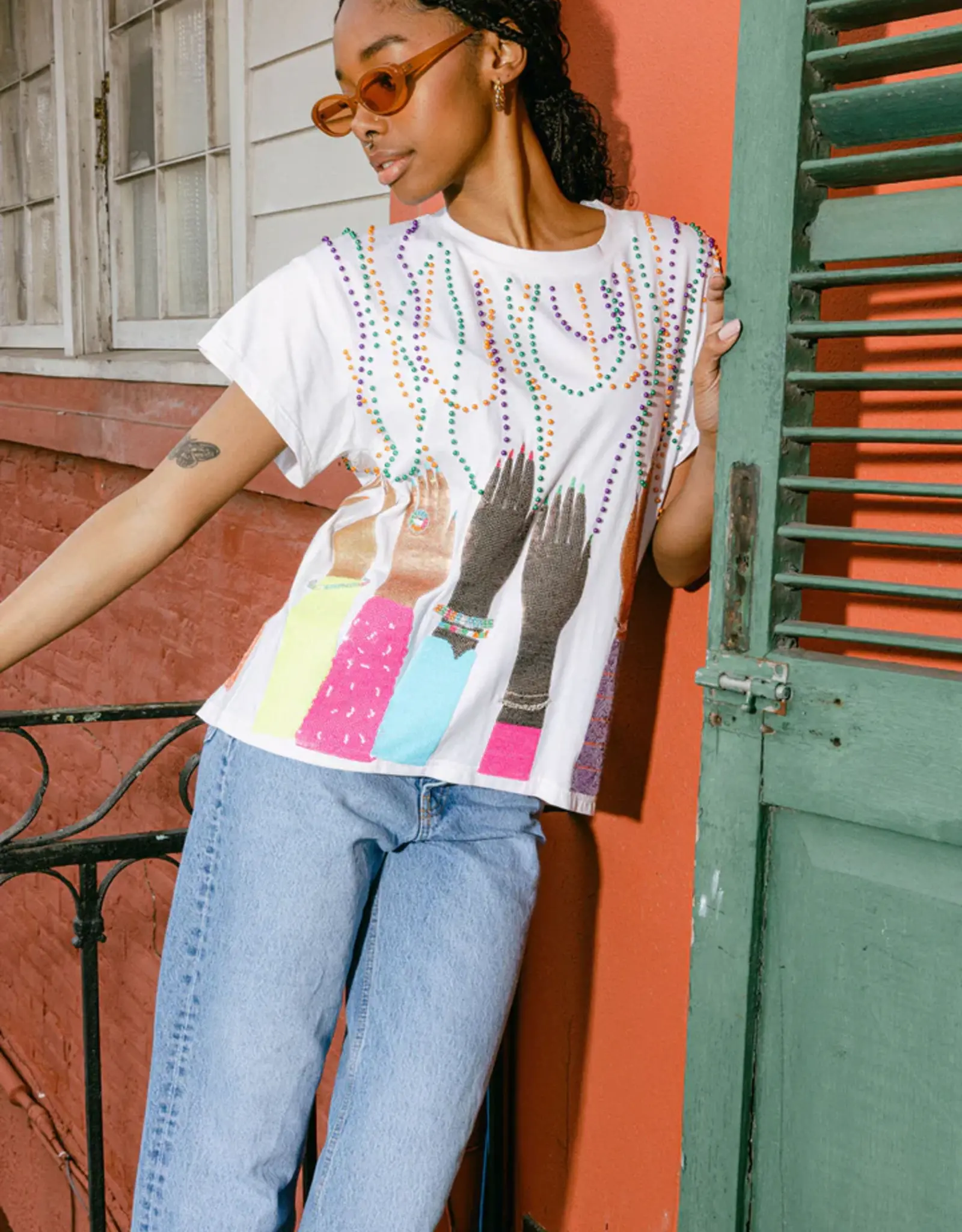 Queen of Sparkles Queen of Sparkles Hands Catching Beads White Tee