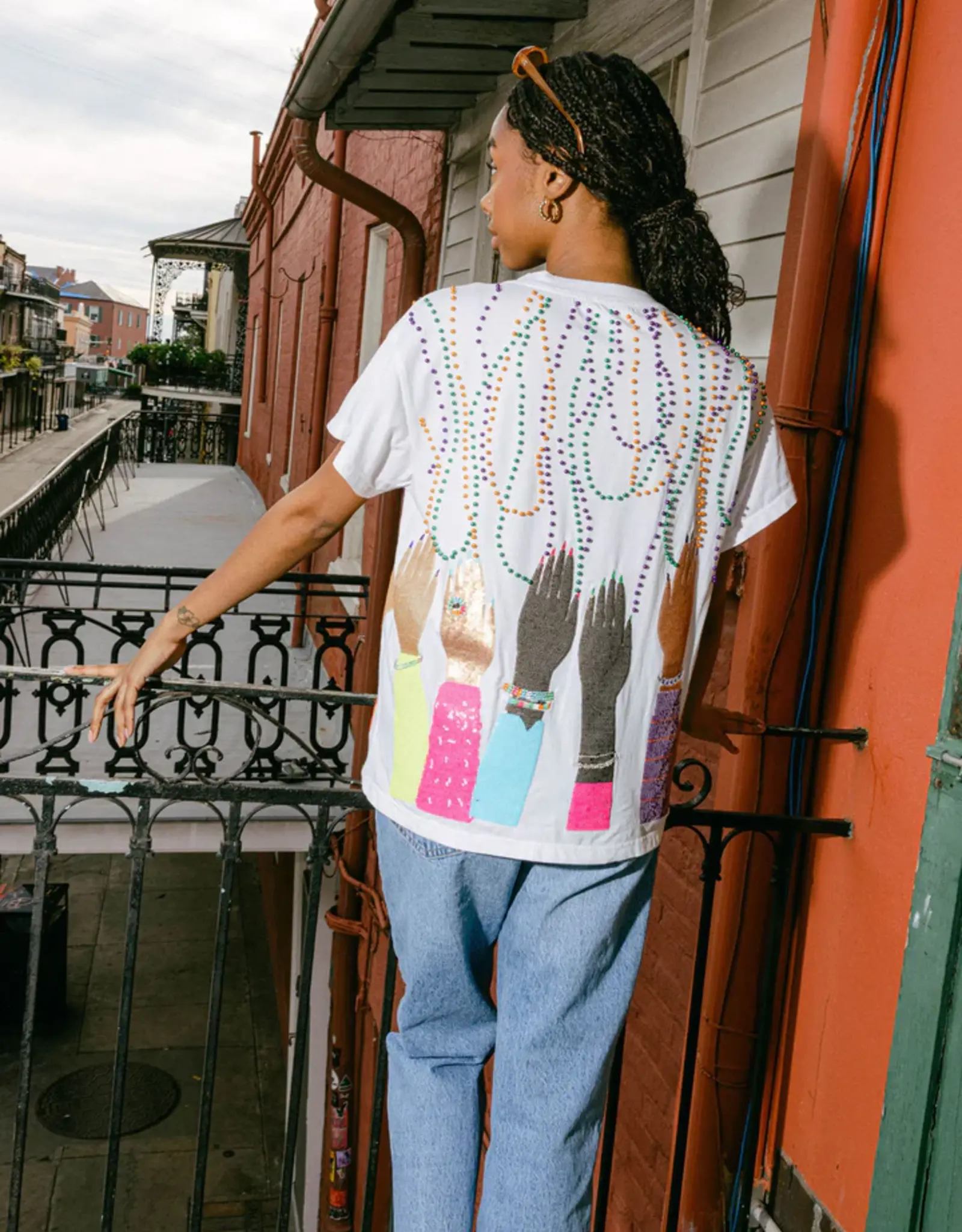 Queen of Sparkles Queen of Sparkles Hands Catching Beads White Tee
