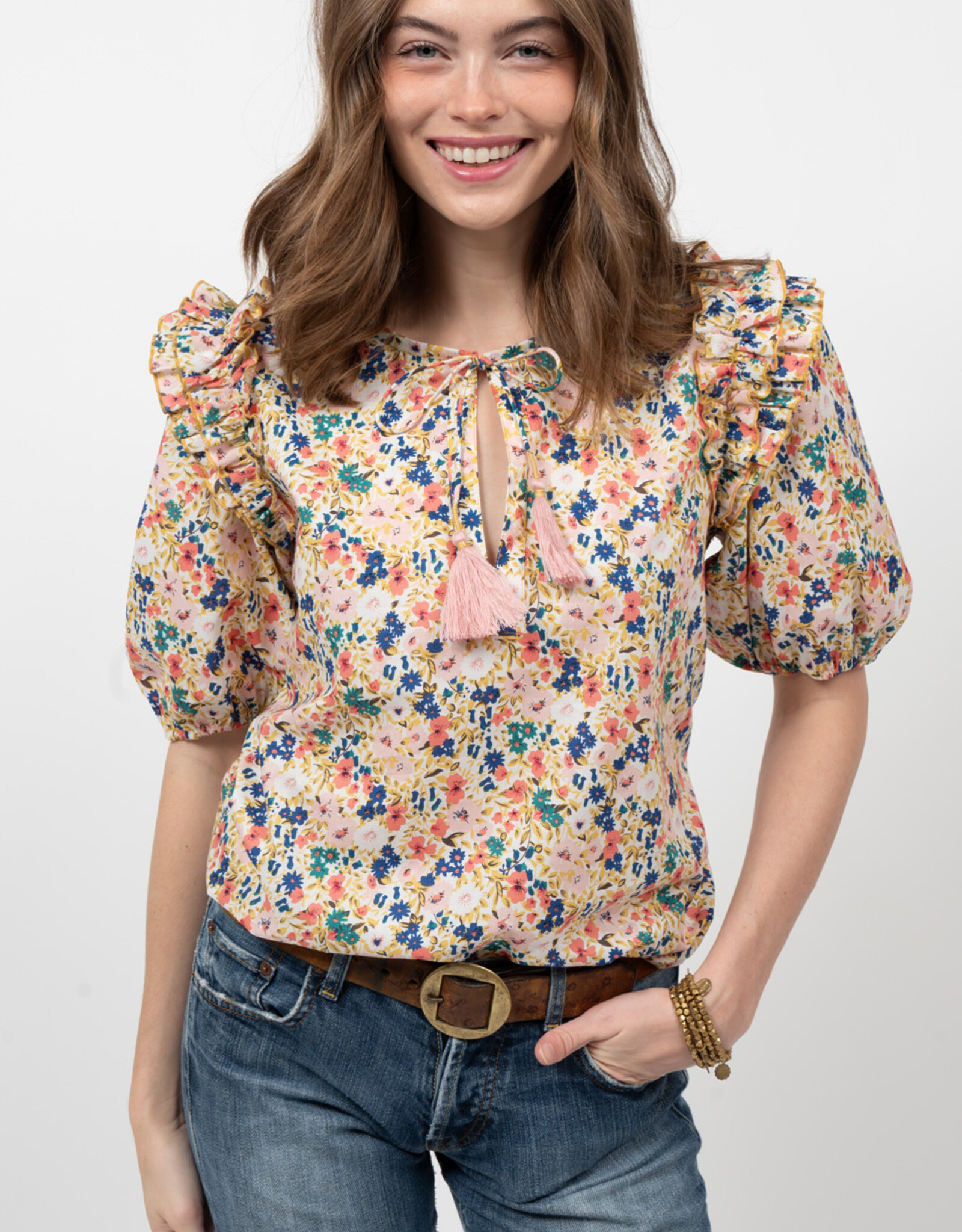 Sister Mary Sister Mary Multi Floral Top w/Tassel