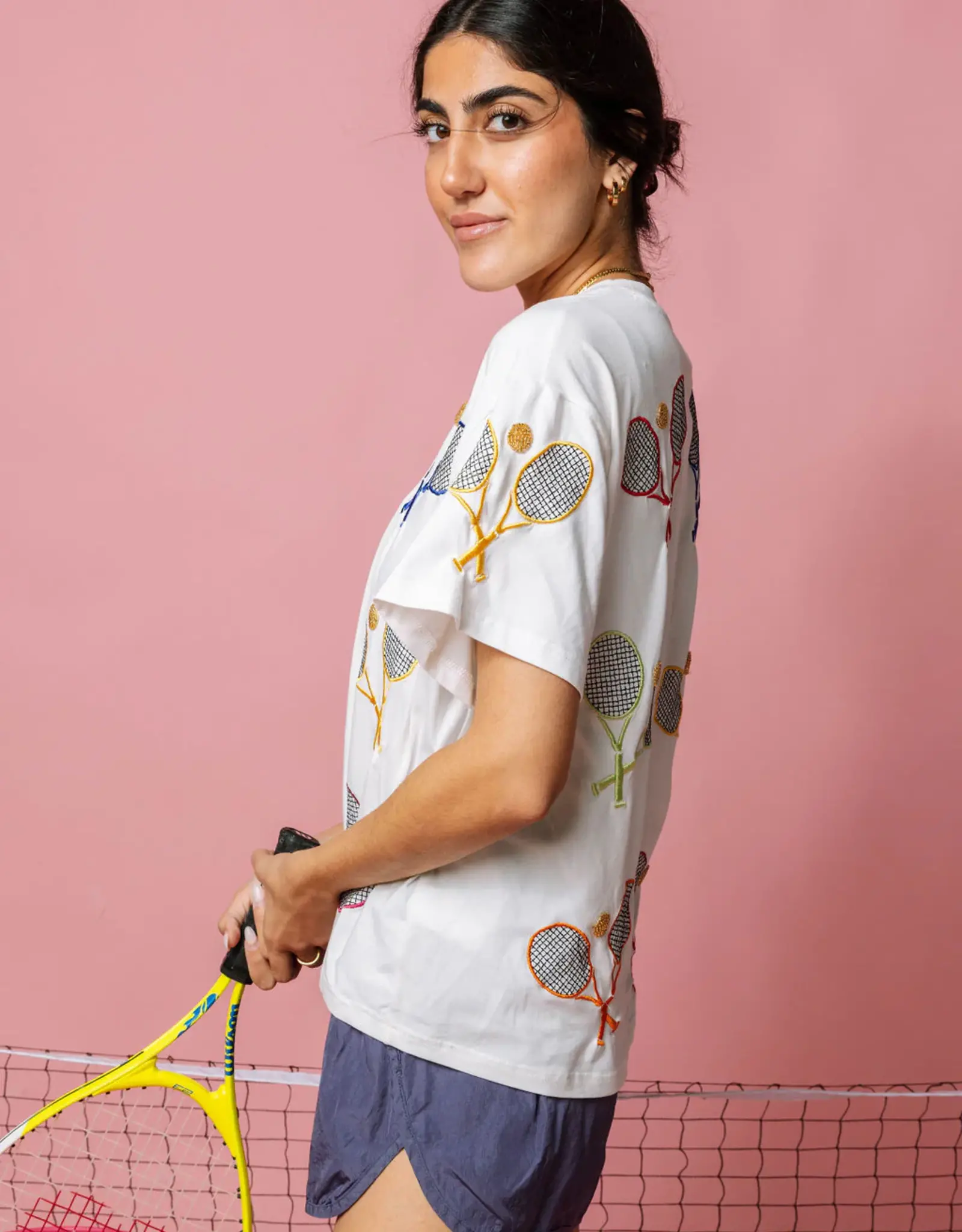 Queen of Sparkles Queen of Sparkles White Multi Tennis Racket Tee