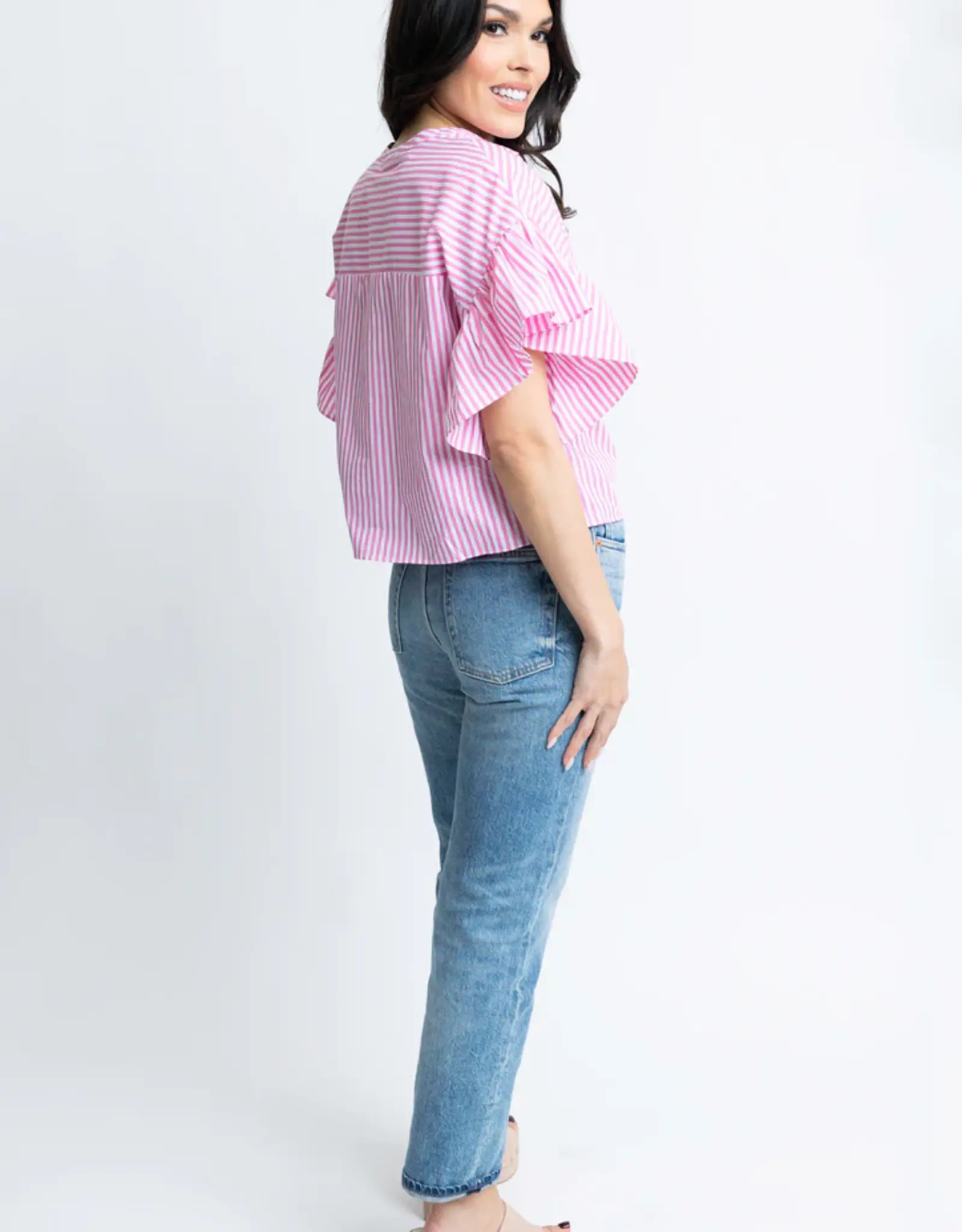 Karlie Karlie Stripe Poplin Ruffle Sleeve Top Pink