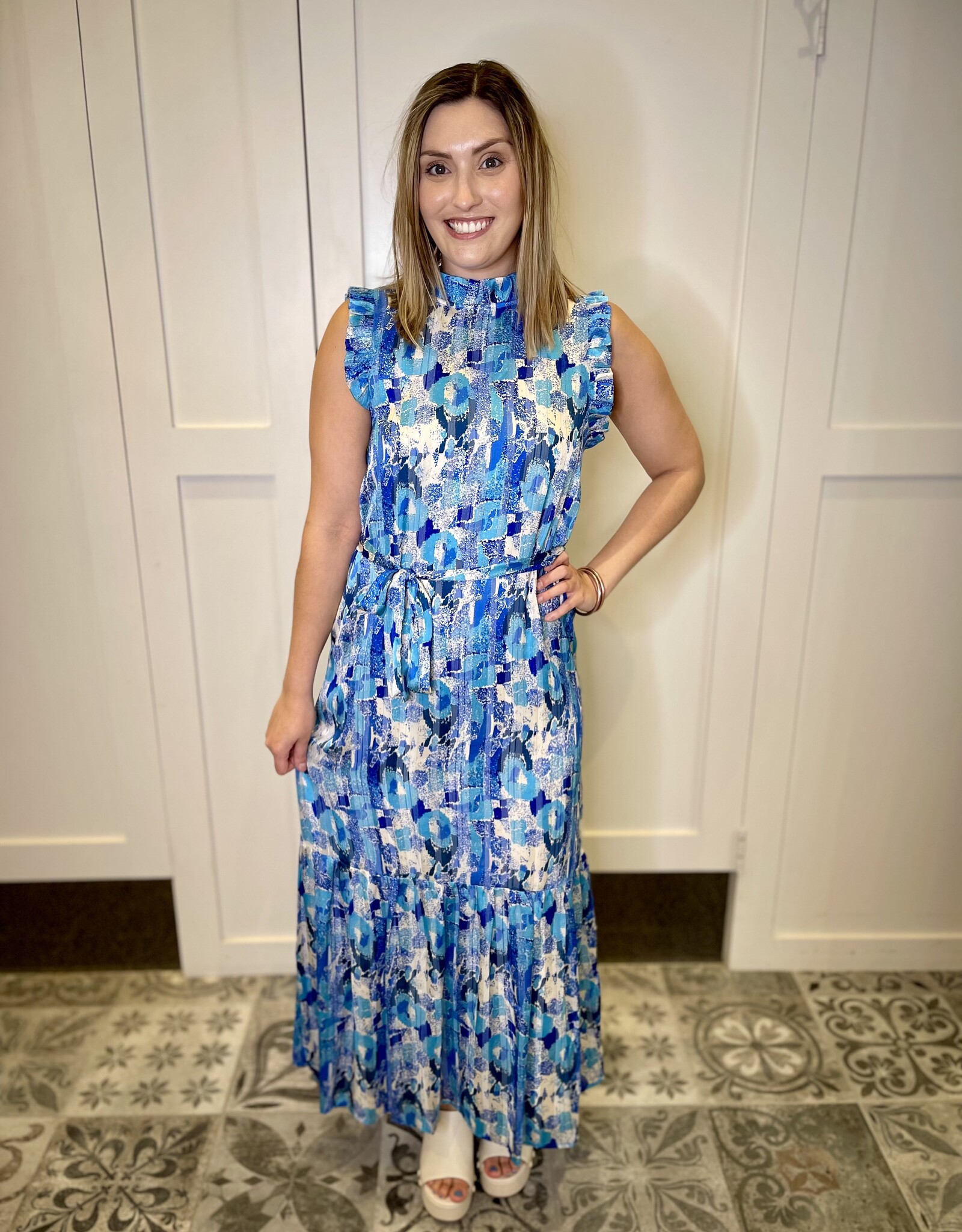 Joy Joy Joy Joy Ruffles Trim Maxi Blue Motif