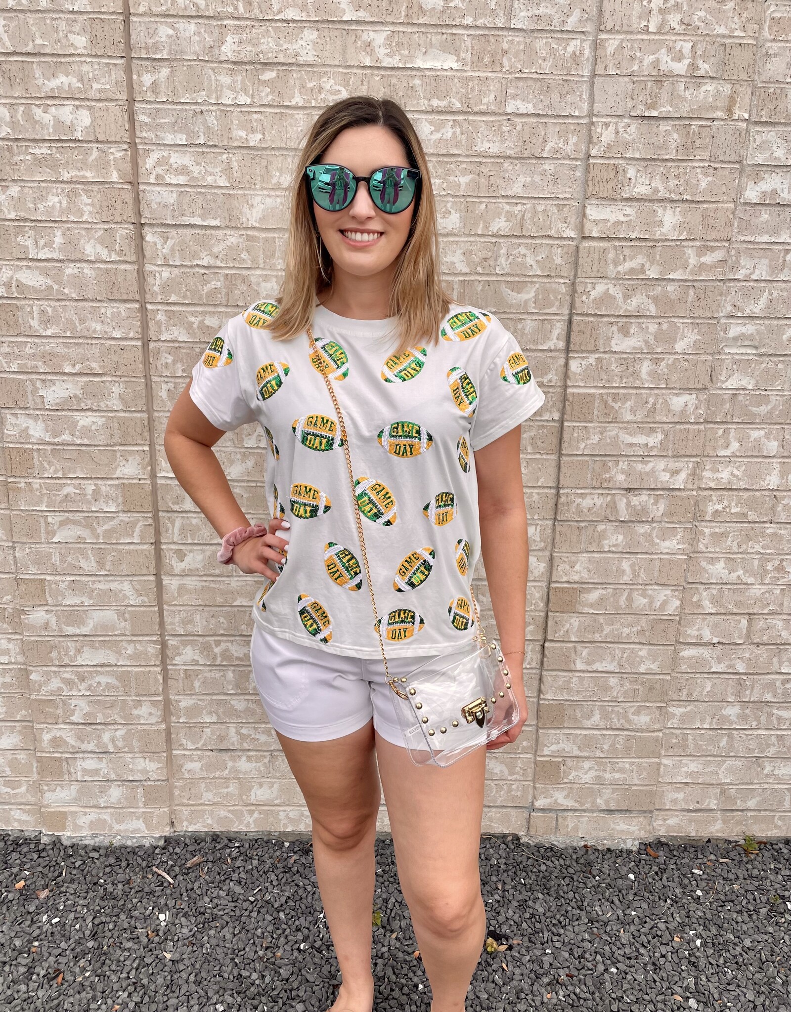 Queen of Sparkles Queen of Sparkles White, Green & Yellow "Game Day" Football Tee