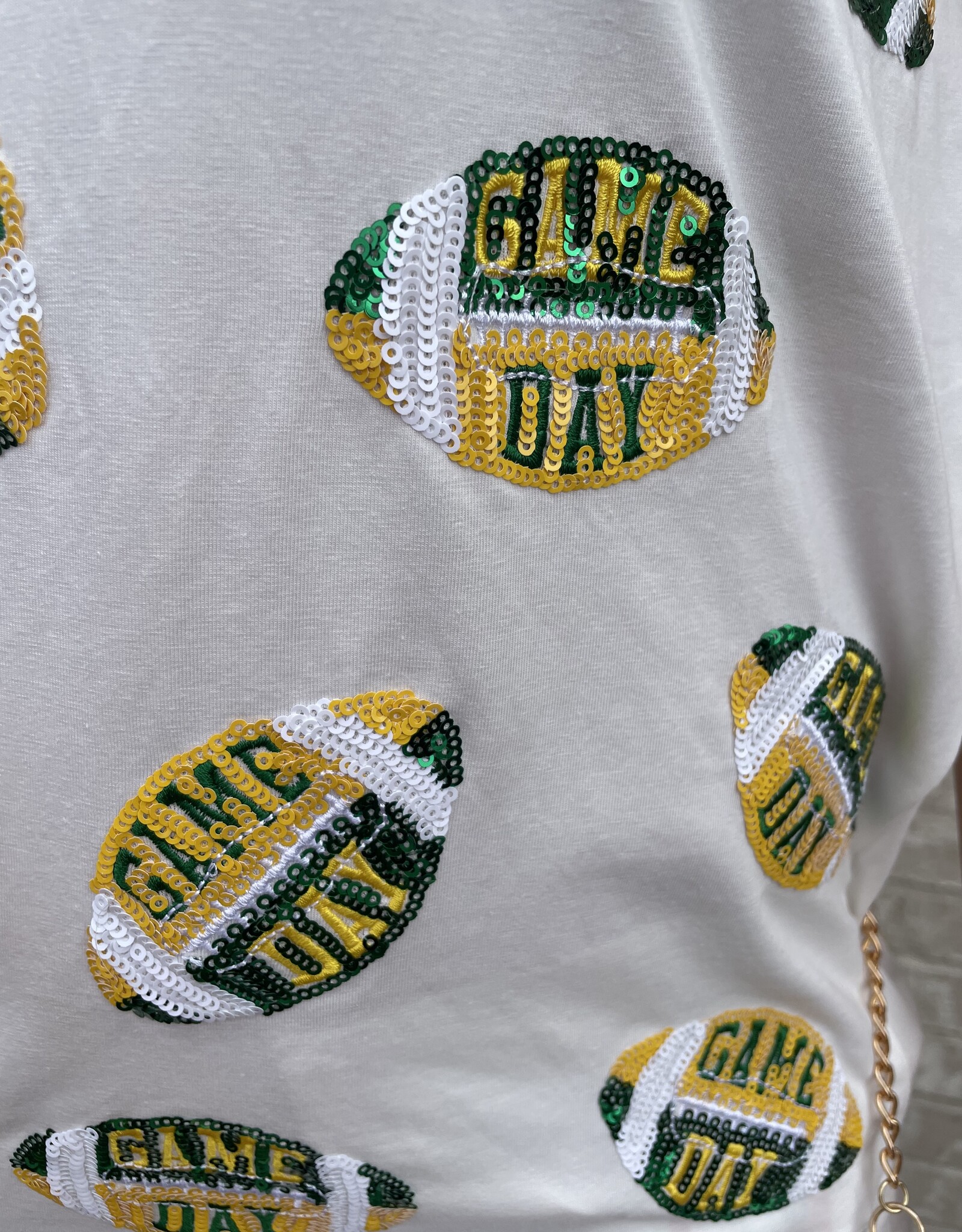 Queen of Sparkles Queen of Sparkles White, Green & Yellow "Game Day" Football Tee