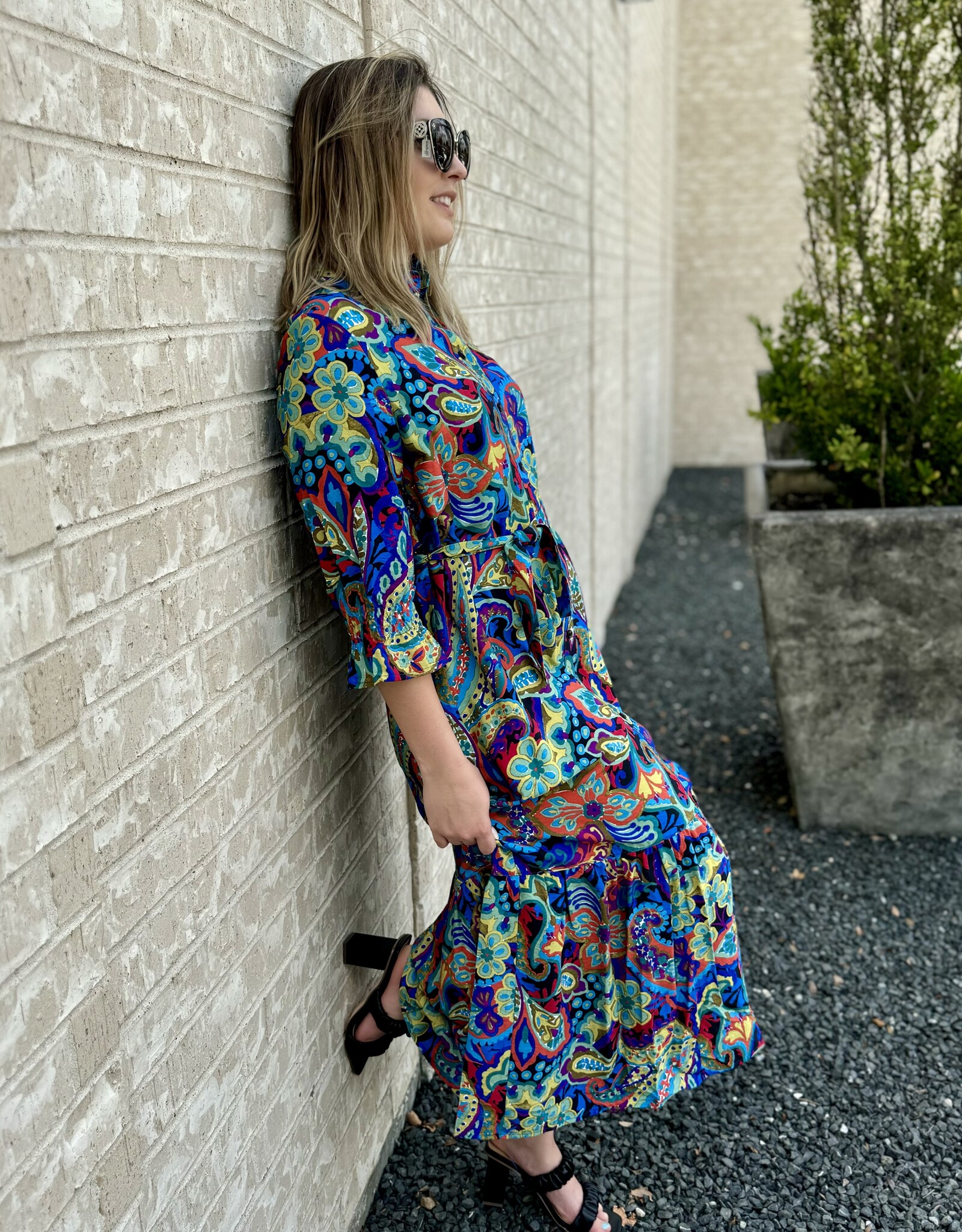 Boho Chic Boho Blue Floral Print Midi Shirt Dress