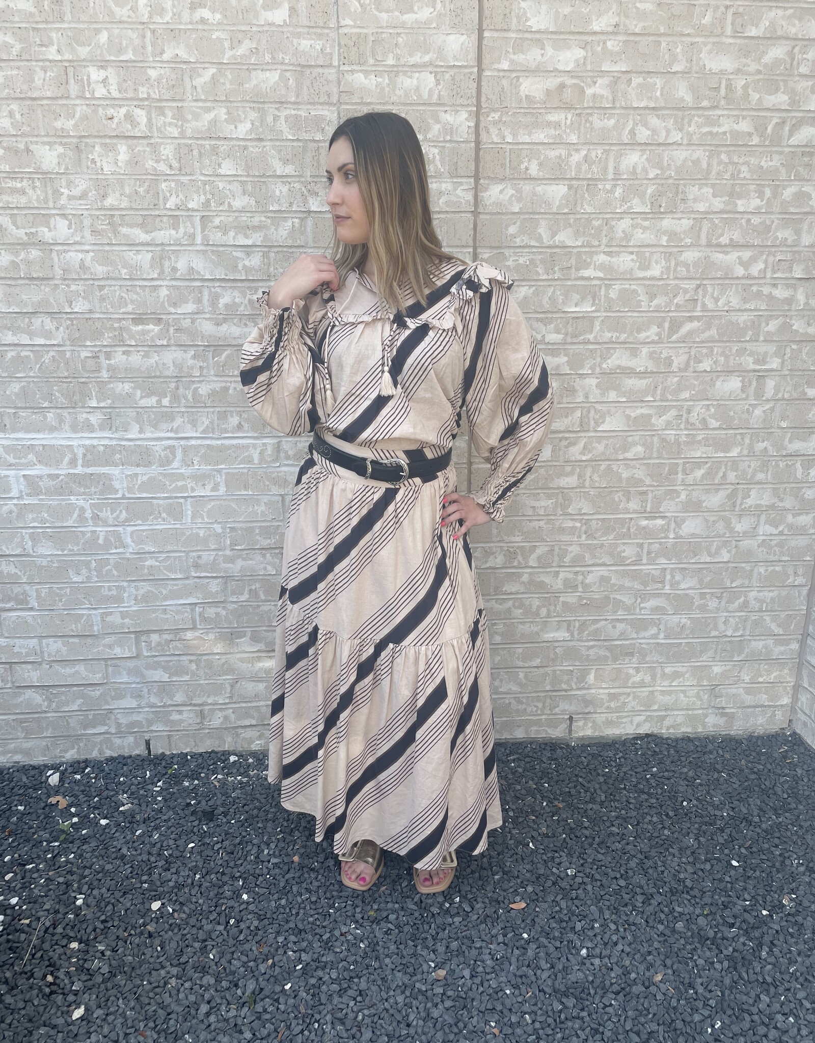 Karlie Karlie Taupe Blk Stripe Tiered Skirt