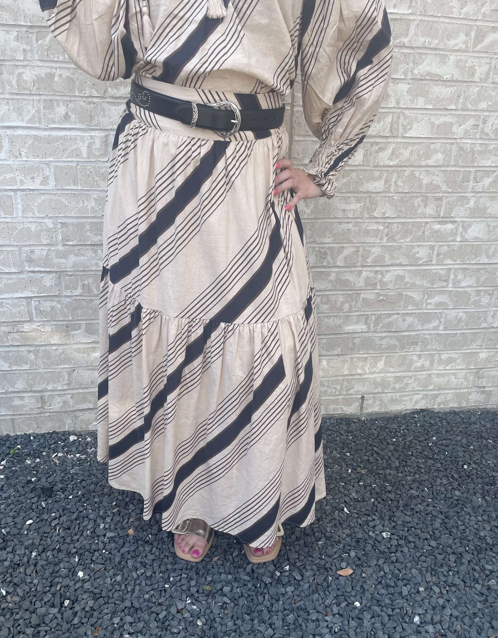 Karlie Karlie Taupe Blk Stripe Tiered Skirt