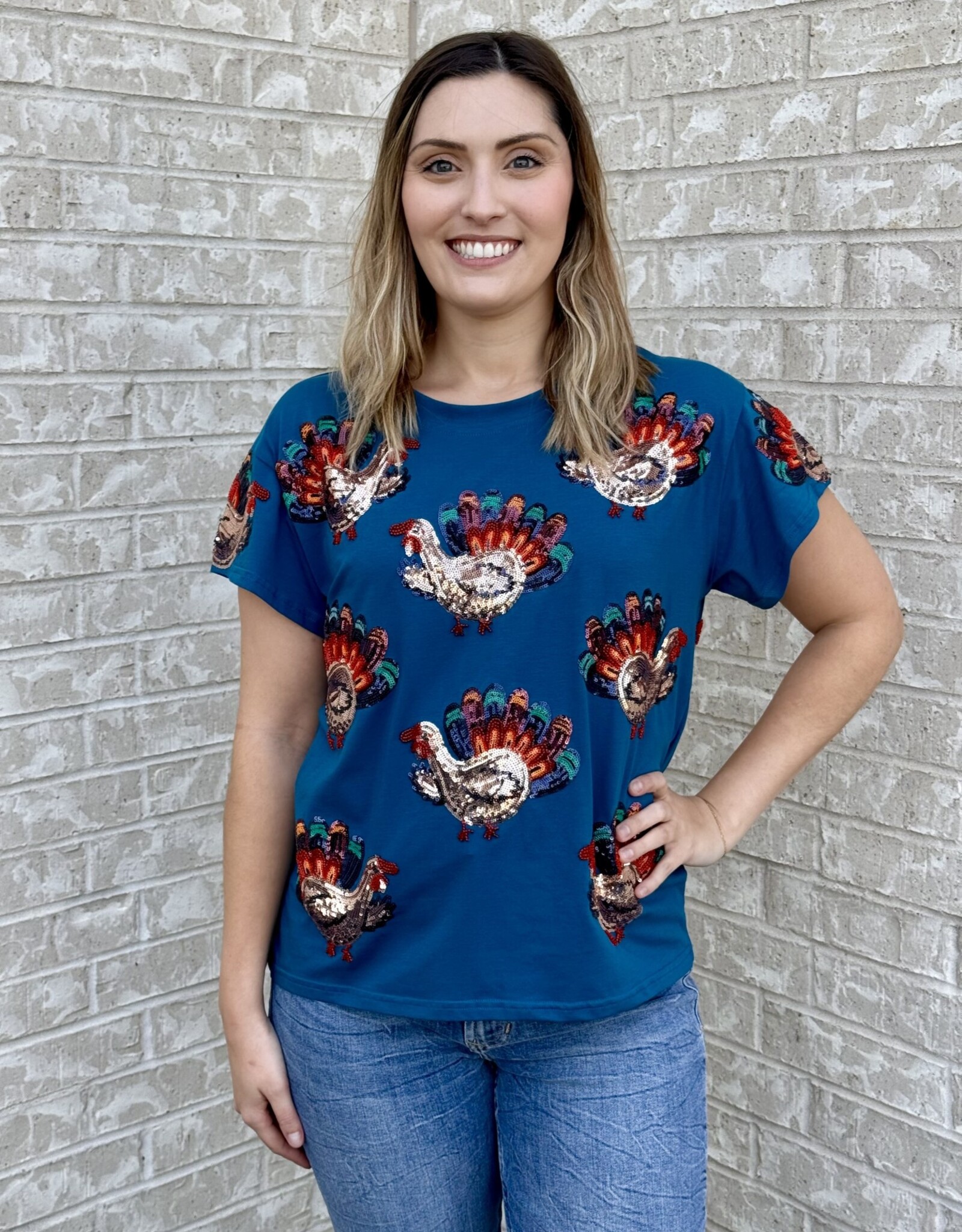 Queen of Sparkles Queen of Sparkles Dark Blue Beaded Turkey All Over Tee