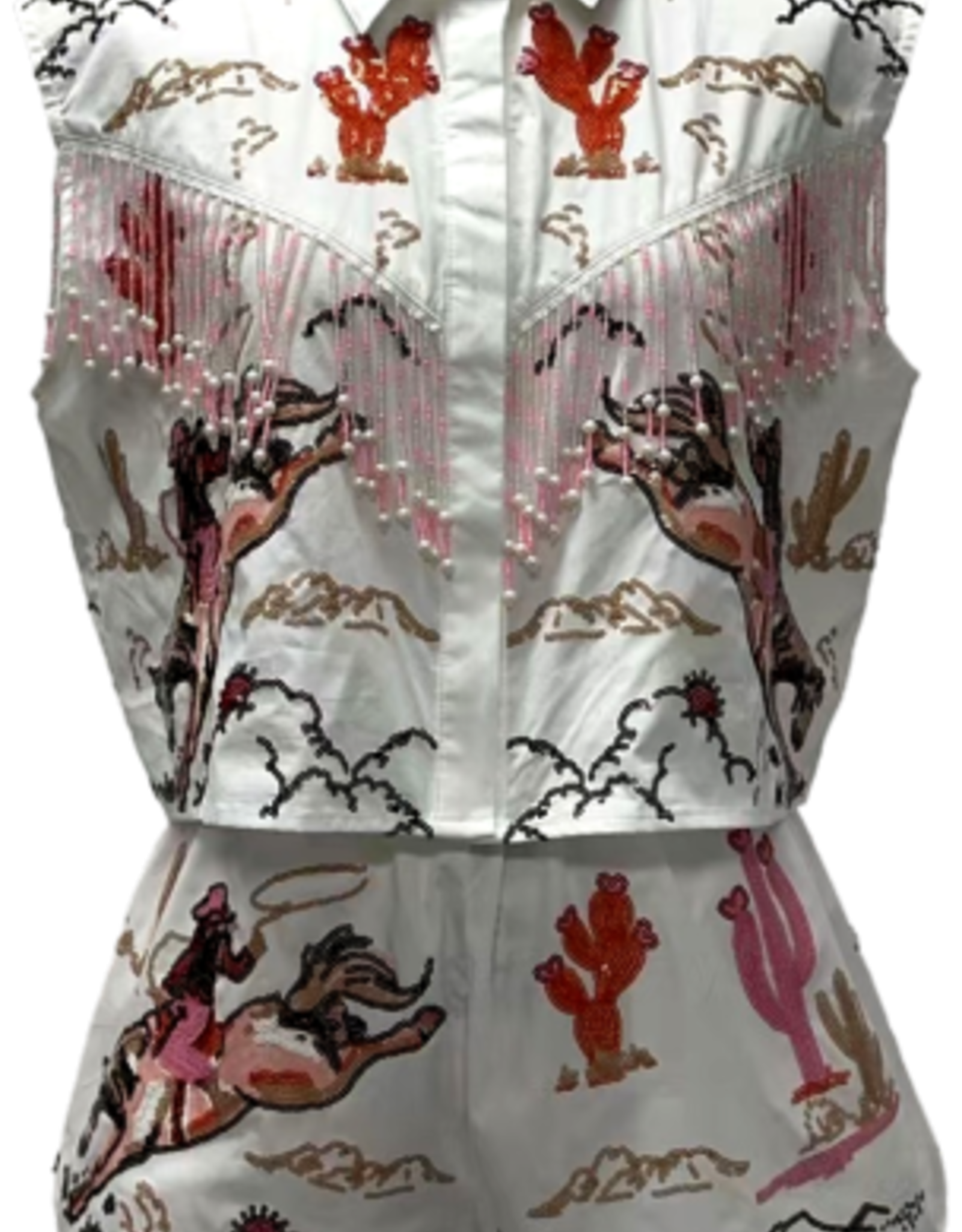 Queen of Sparkles Queen of Sparkles Off White Bucking Cowgirl Fringe Top