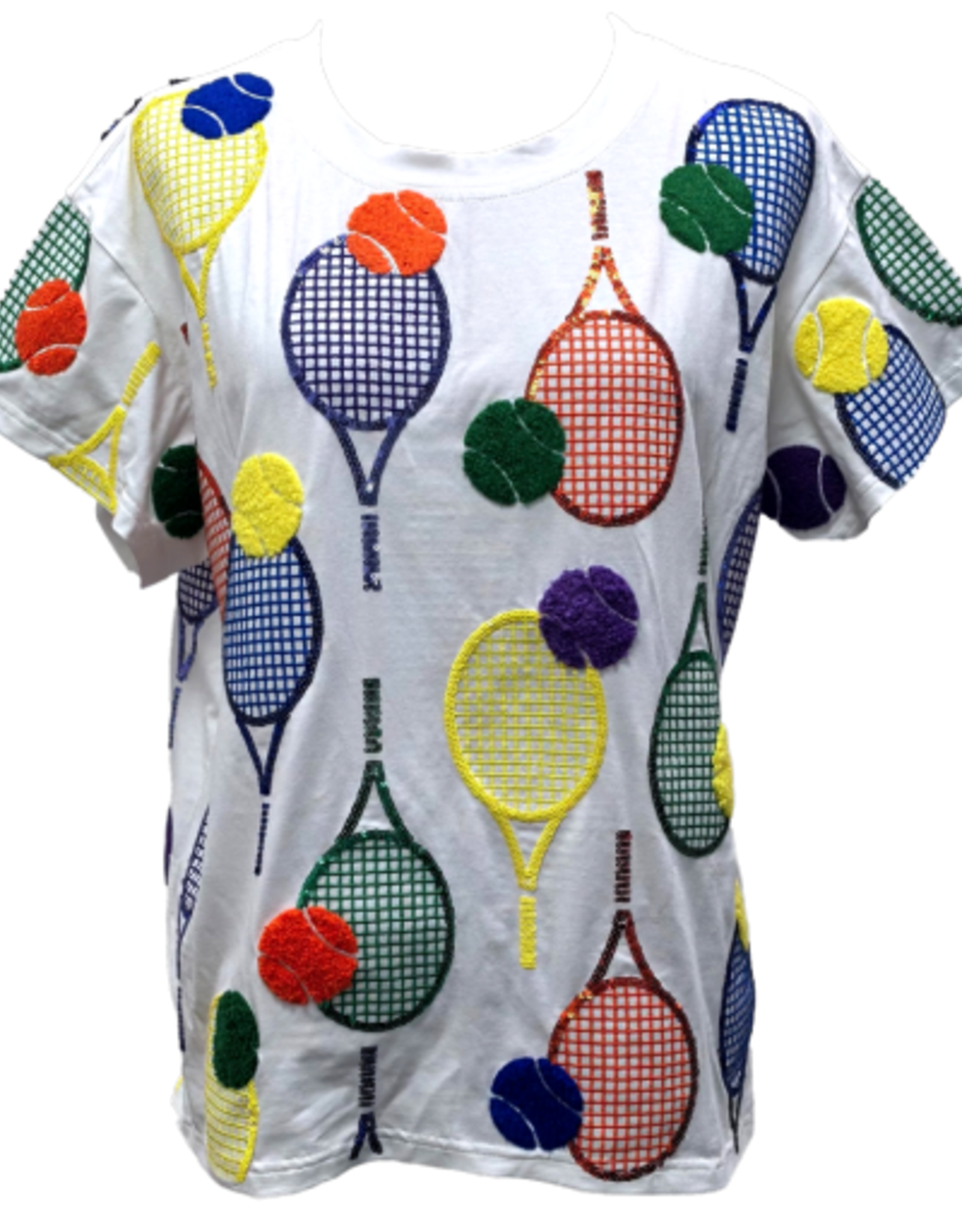 Queen of Sparkles Queen of Sparkles White Multi Racquet & Fuzzy Tennis Ball Tee