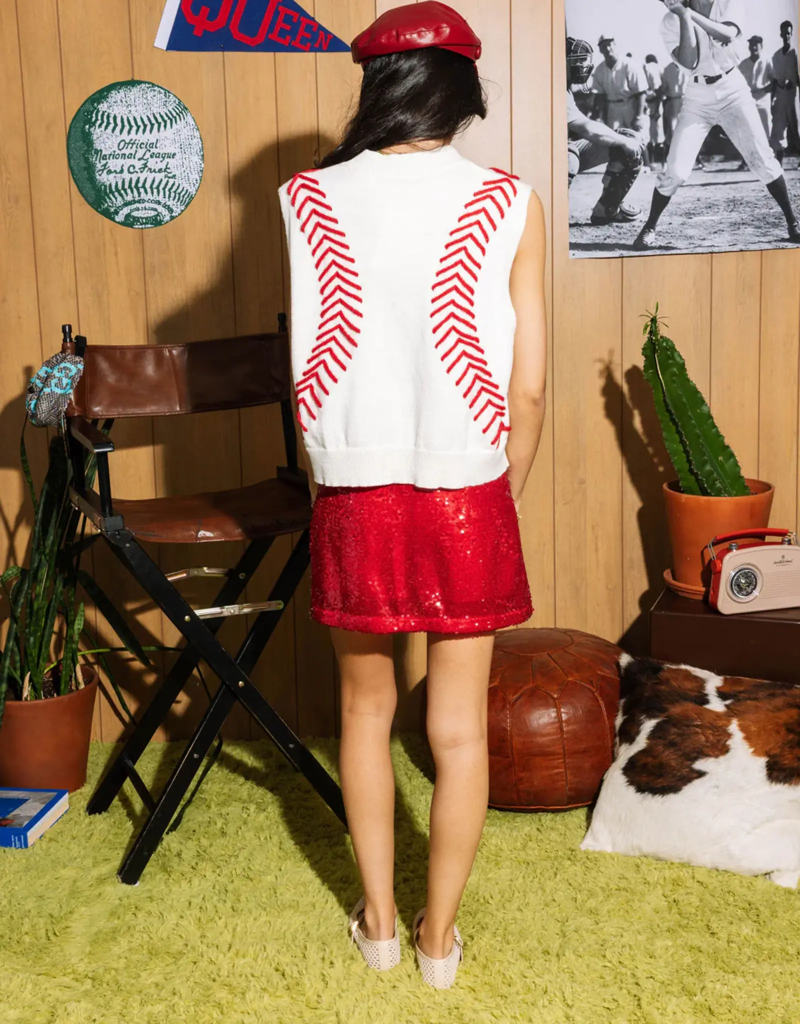 Queen of Sparkles Queen of Sparkles White Baseball Stitch Sweater Vest