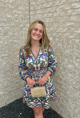 Hale Bob Belted Short Dress Ivory /Blue/Teal