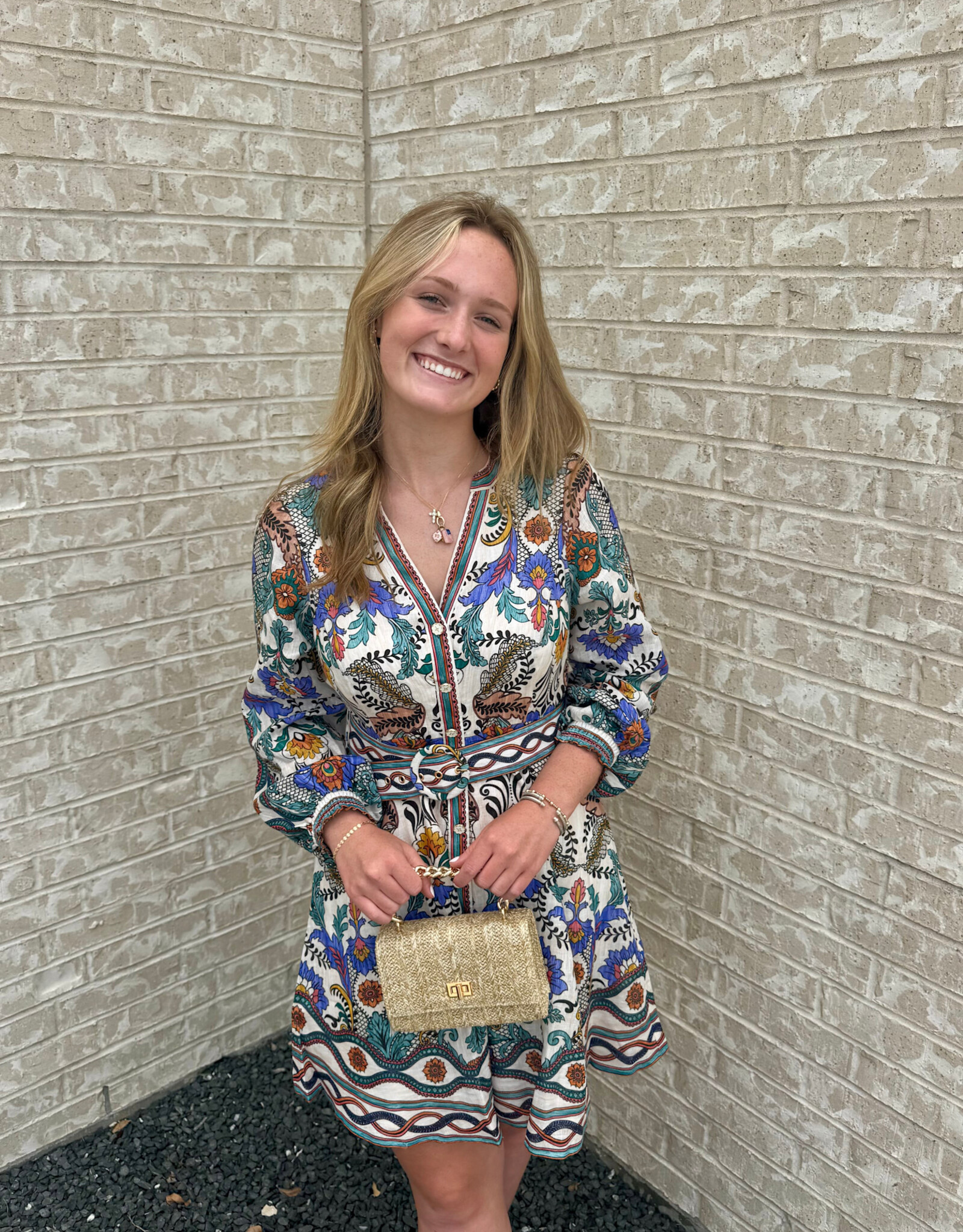 Hale Bob Belted Short Dress Ivory /Blue/Teal