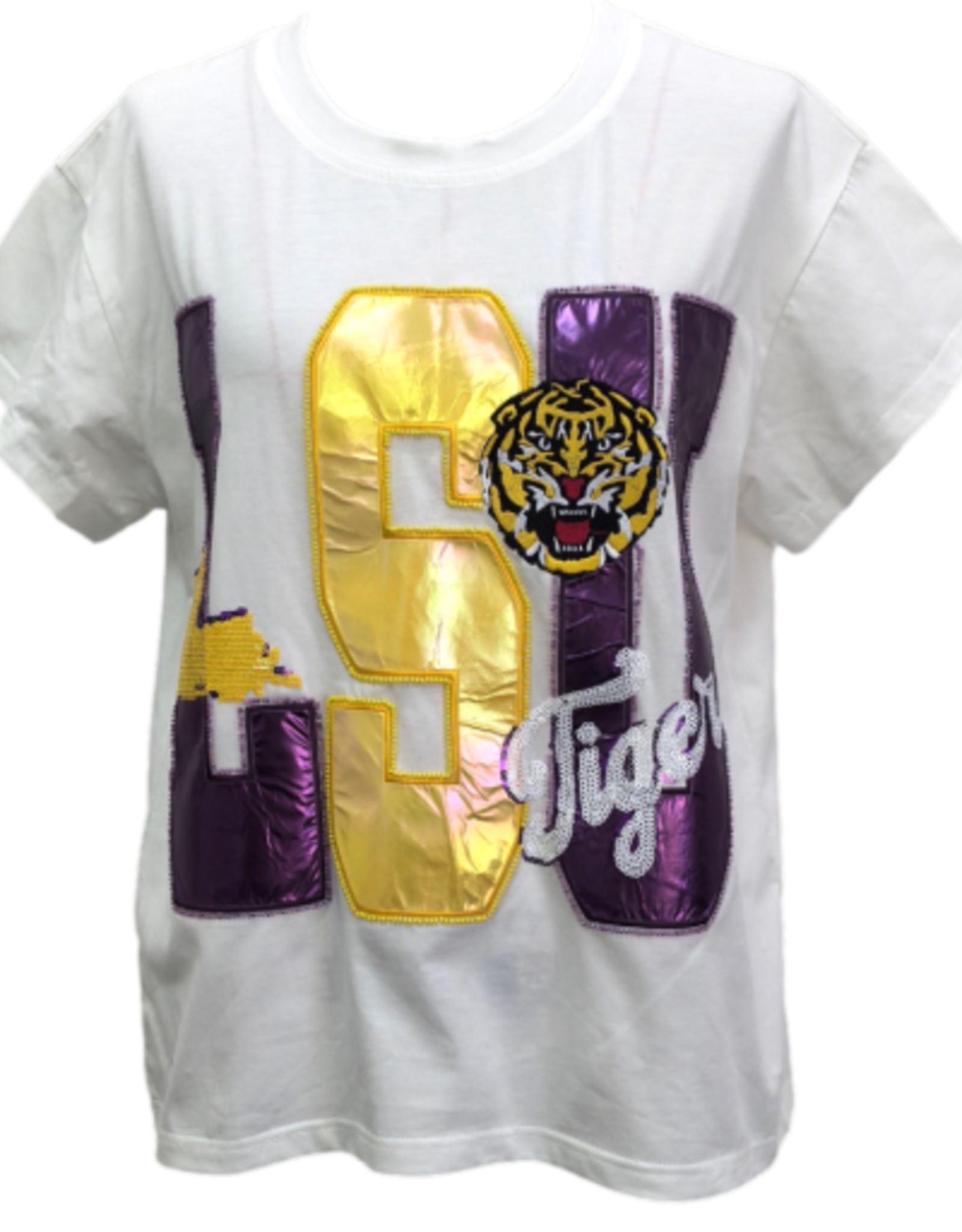 Queen of Sparkles Queen of Sparkles Licensed LSU Metallic Word With Icons Tee