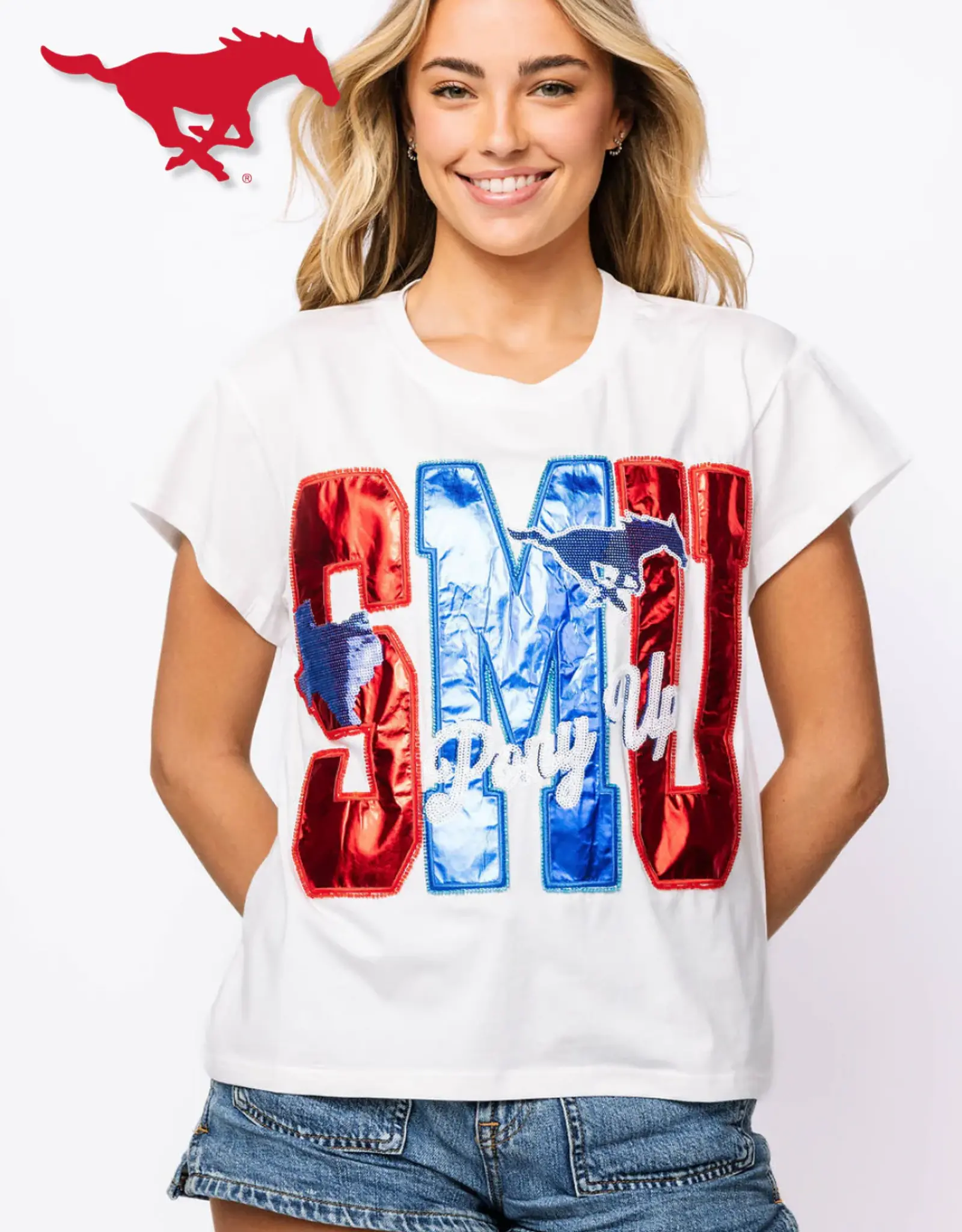 Queen of Sparkles Queen of Sparkles Licensed SMU Metallic Word  With  Icons Tee