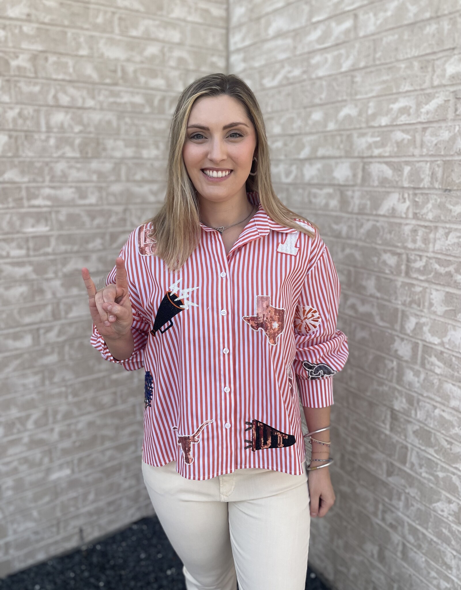 Queen of Sparkles LICENSED TEXAS MINI ICON STRIPED BUTTON DOWN