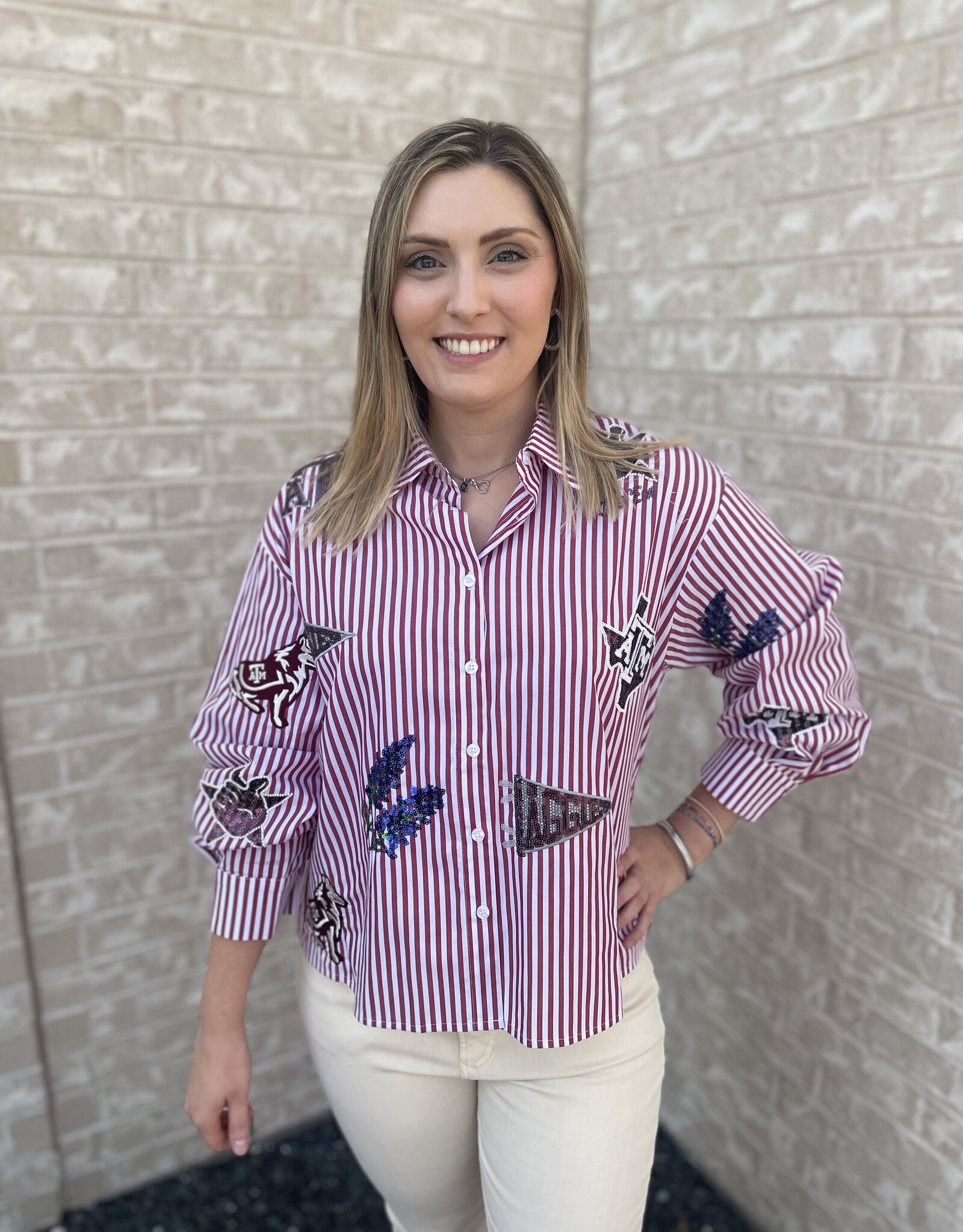 Queen of Sparkles LICENSED TEXAS A&M MINI ICON STRIPED BUTTON DOWN